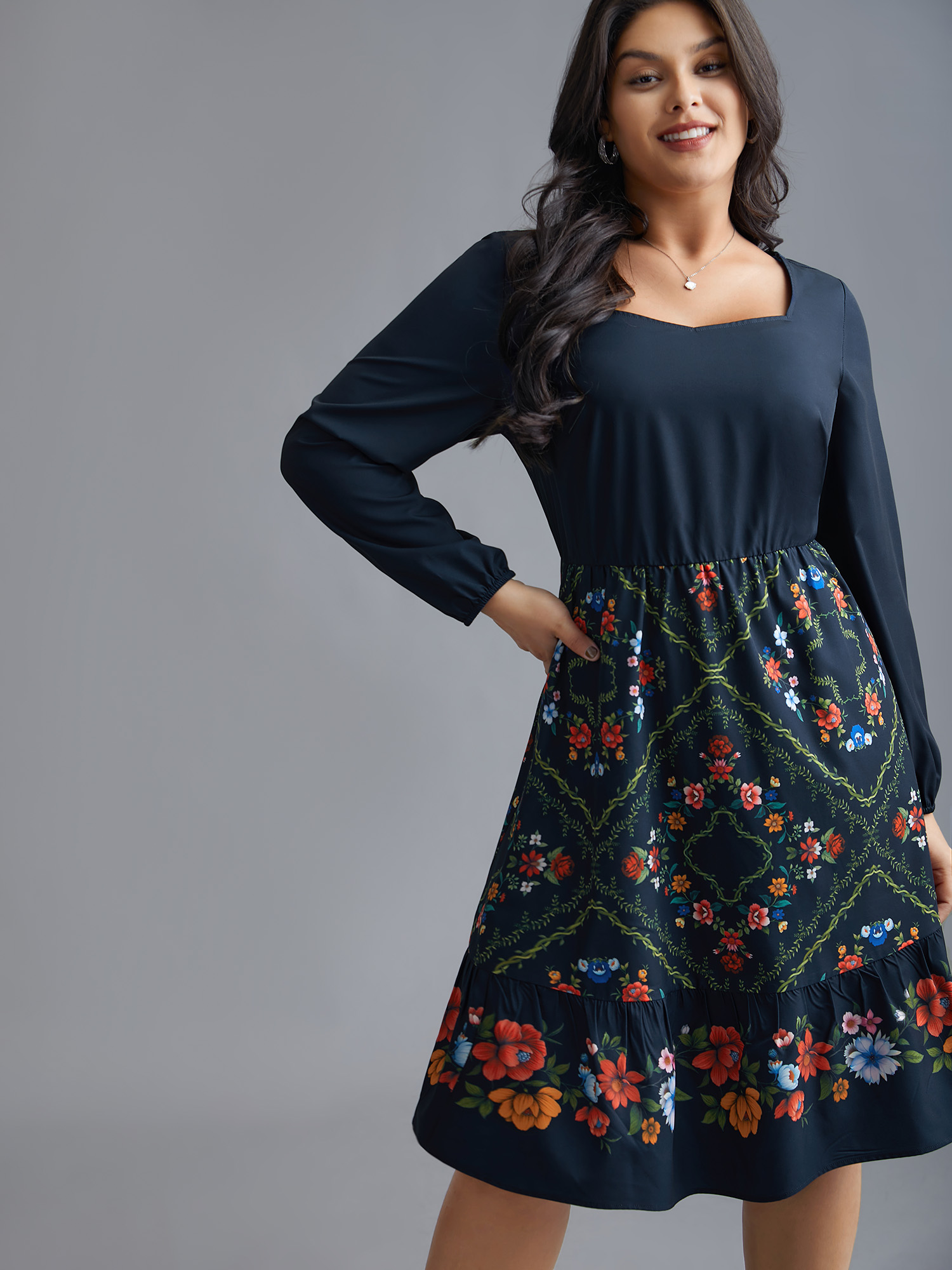 

Plus Size Floral Printed Heart neckline Lantern Sleeve Dress DarkBlue Women Elegant Patchwork Heart neckline Long Sleeve Curvy BloomChic