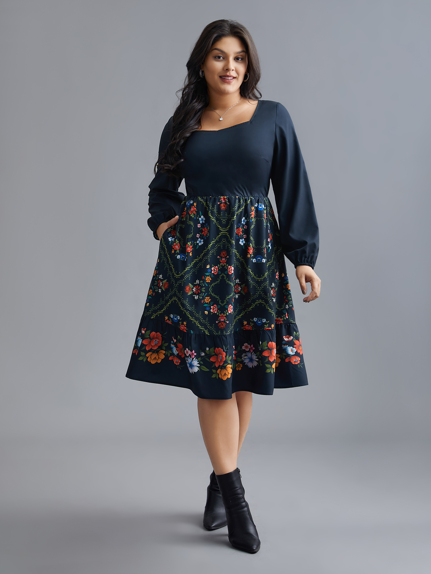 

Plus Size Floral Printed Heart neckline Lantern Sleeve Dress DarkBlue Women Elegant Patchwork Heart neckline Long Sleeve Curvy BloomChic