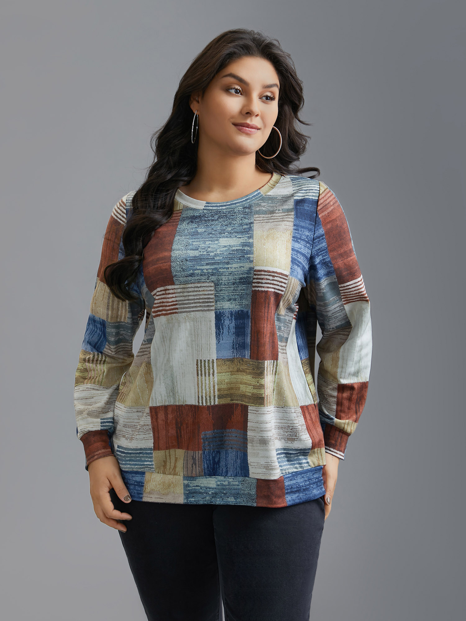 

Plus Size Geometric Print Round Neck Sweatshirt Women Multicolor Casual Non Round Neck Everyday Sweatshirts BloomChic