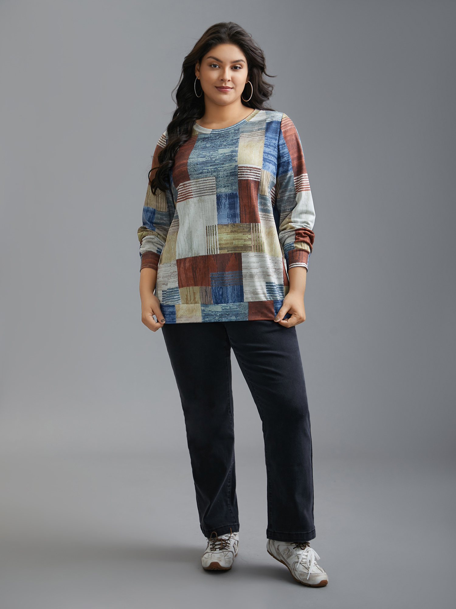 Plus Size Geometric Print Round Neck Sweatshirt Women Multicolor Casual Non Round Neck Everyday Sweatshirts BloomChic 14-16/1X 