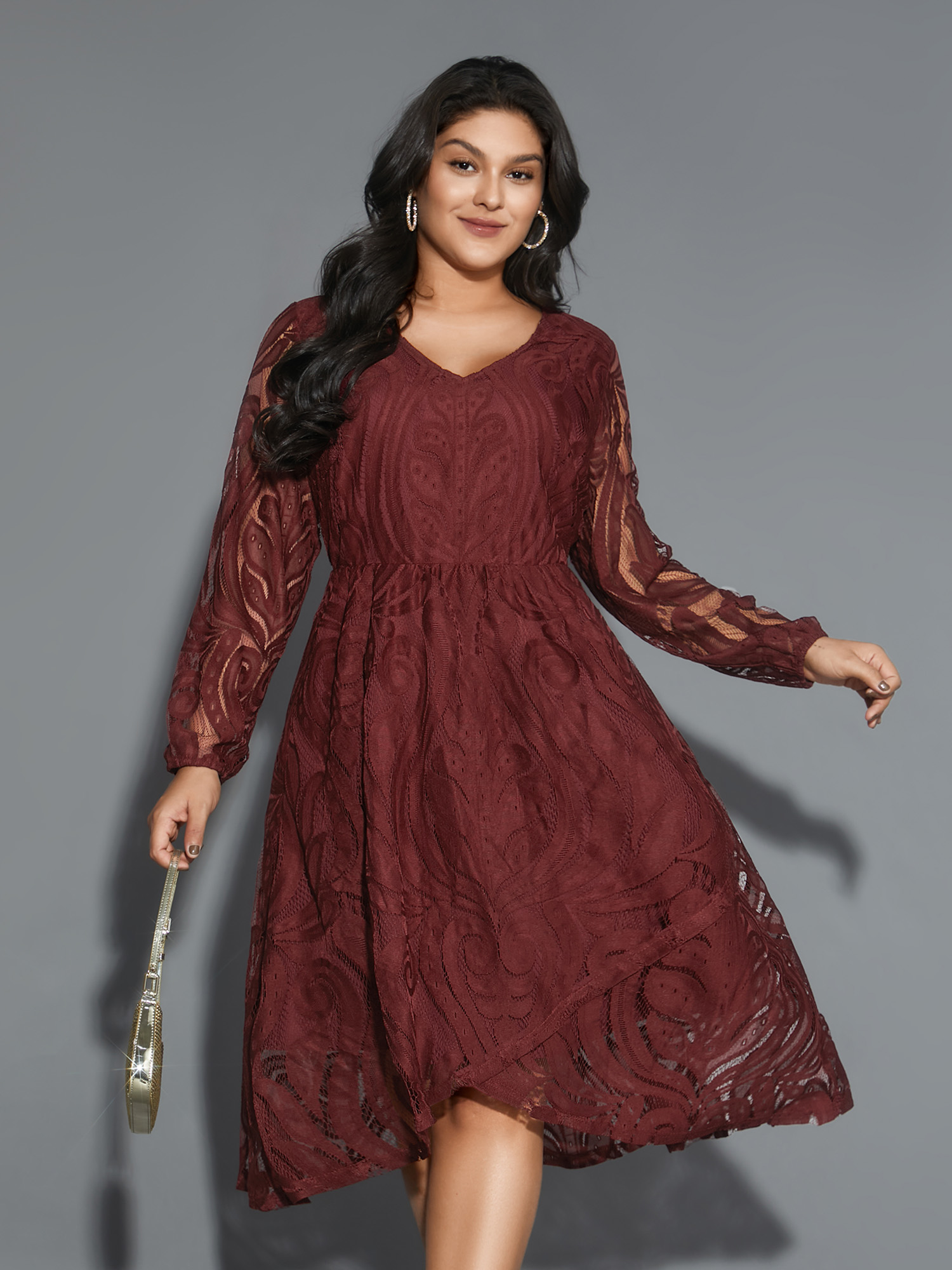 

Plus Size Crochet Lace Mesh Lantern Sleeve Dress Burgundy Women Cocktail Overlapping Party Curvy Bloomchic