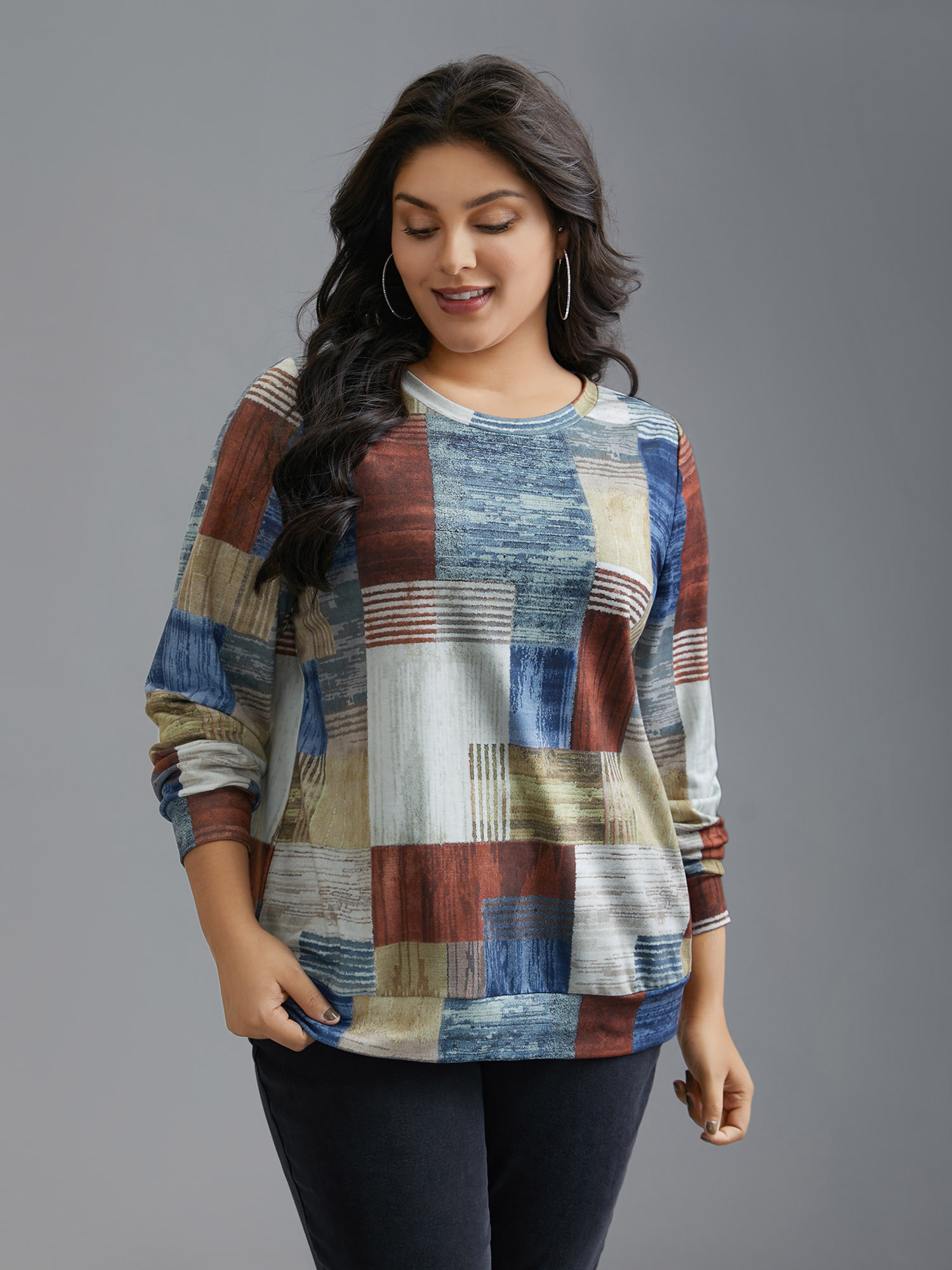 Plus Size Geometric Print Round Neck Sweatshirt Women Multicolor Casual Non Round Neck Everyday Sweatshirts BloomChic 14-16/1X 
