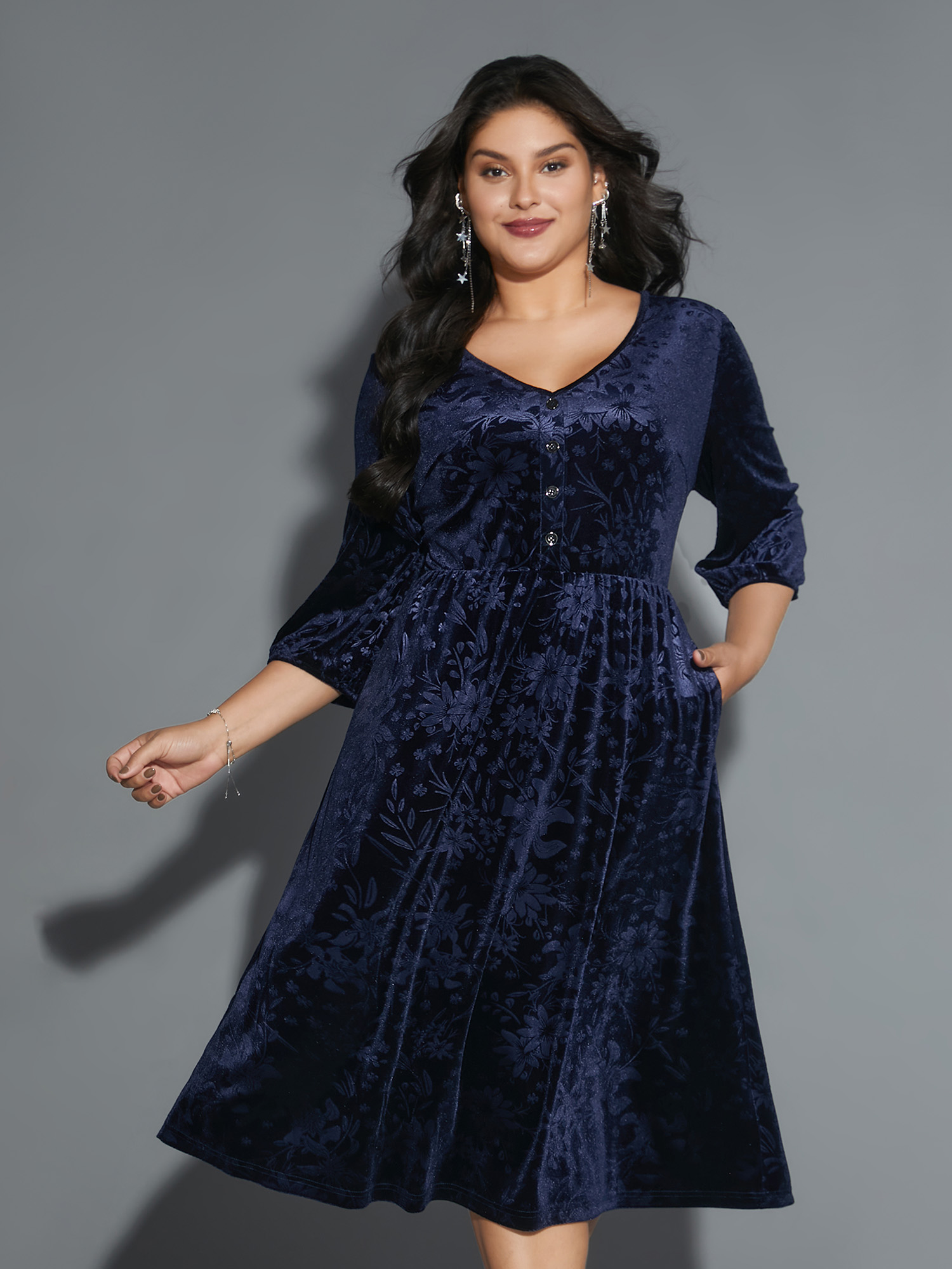 

Plus Size Velvet Button Detail V-Shaped Neck Dress DarkBlue Women Cocktail Texture V-neck Elbow-length sleeve Curvy BloomChic