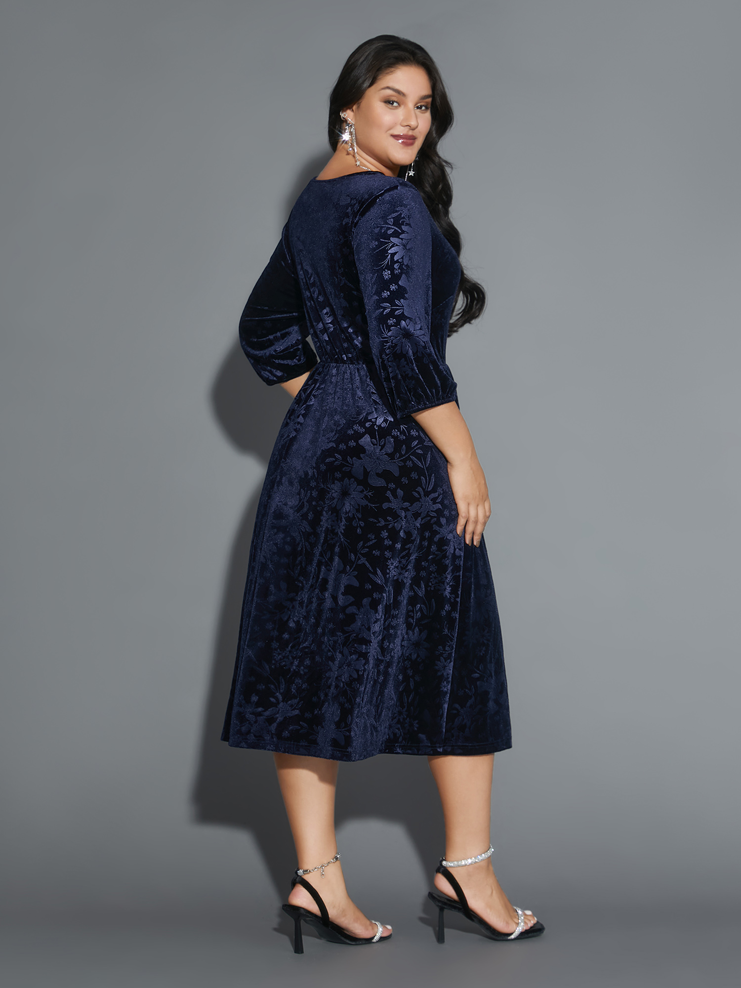 

Plus Size Velvet Button Detail V-Shaped Neck Dress DarkBlue Women Cocktail Texture V-neck Elbow-length sleeve Curvy BloomChic