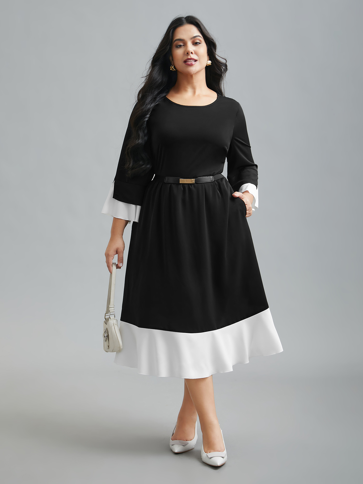 

Plus Size Color Contrast Tiered Skirt Pocket Midi Dress Black Women At the Office Contrast Round Neck Elbow-length sleeve Curvy BloomChic