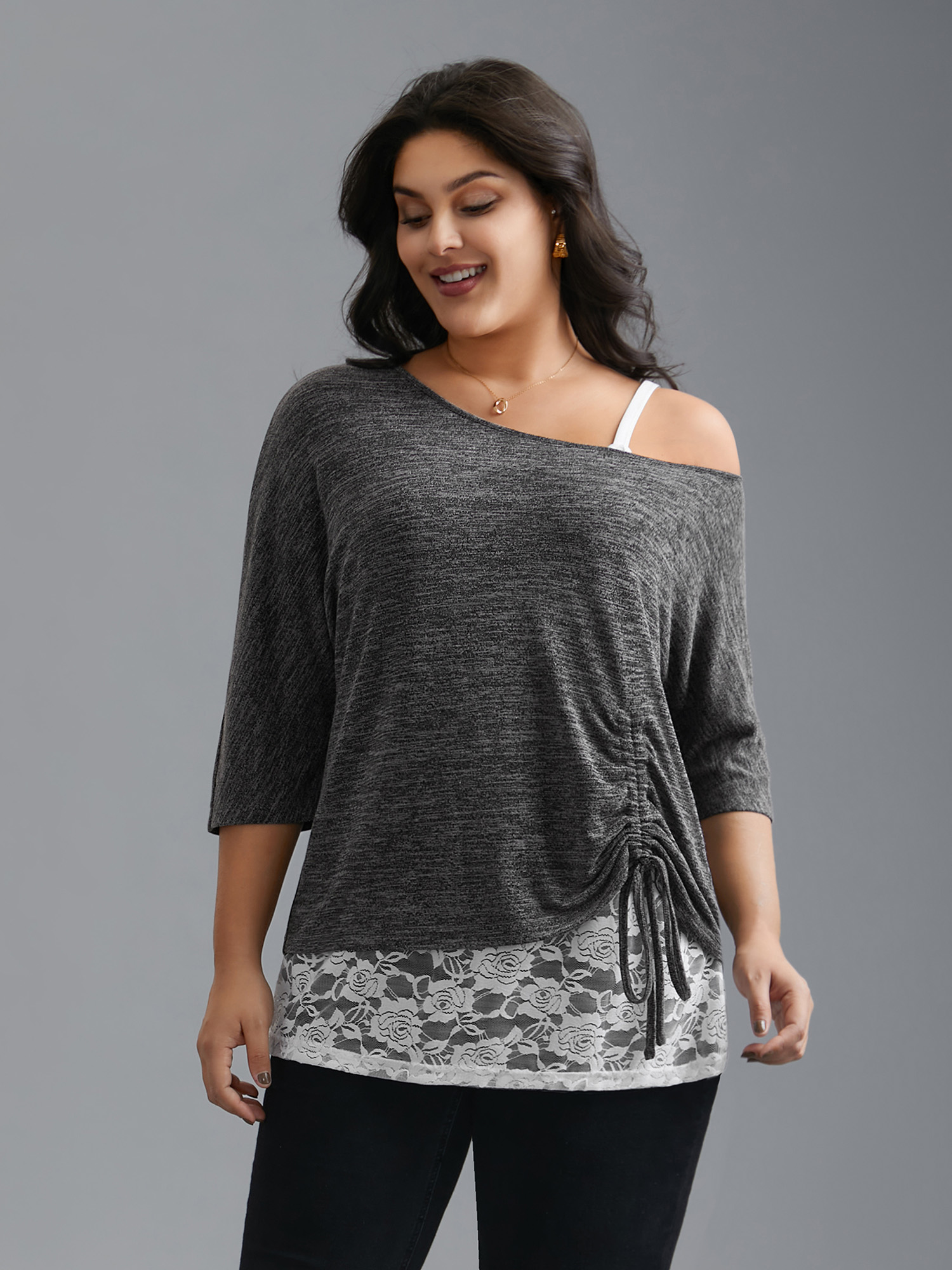 

Plus Size One-Shoulder Two-Piece Drawstring Knit Top DimGray Boat Neck Elbow-length sleeve Elegant Jersey Tops