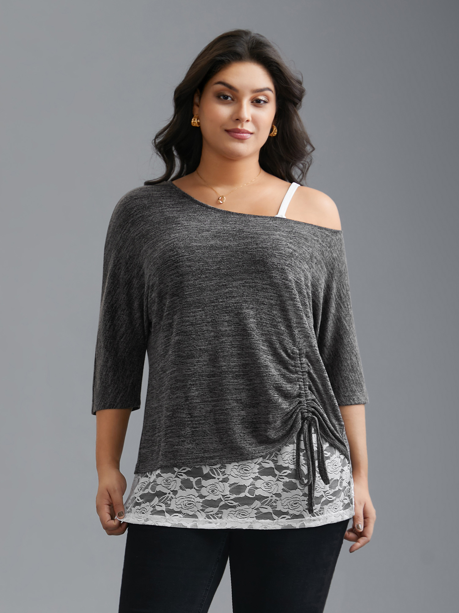 BloomChic Women's Plus Size One-Shoulder Two-Piece Drawstring Knit Top DimGray 3/4 Sleeve Everyday-Casual 12/L