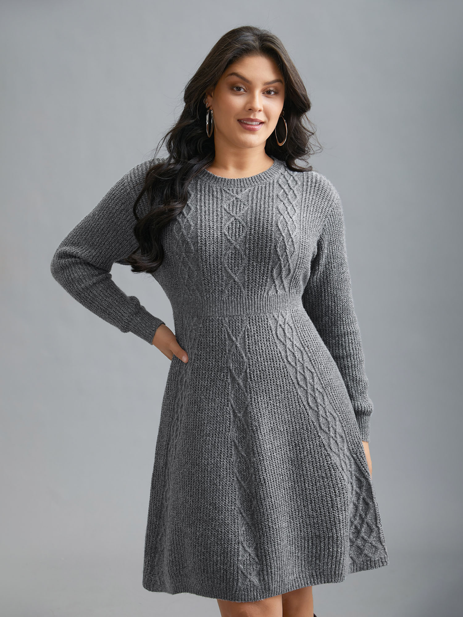 

Plus Size Cable Knit Ribbed Waist Cinched Midi Sweater Dress Mediumgray Women Elegant Bodycon Long Sleeve Everyday Sweater Dresses BloomChic