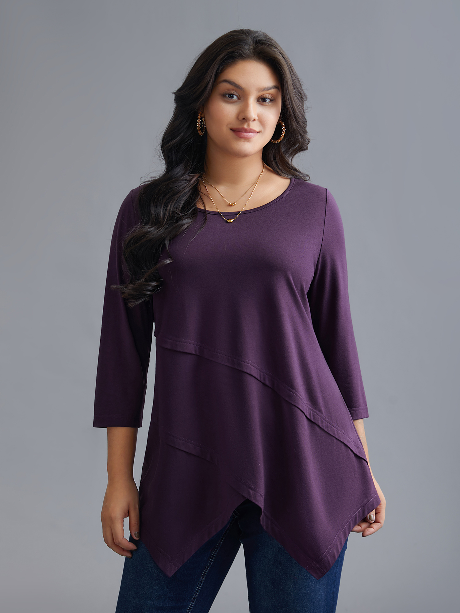 

Plus Size Asymmetrical Hem Overlap Long T-shirt Eggplant Women Elegant Tucked seam Round Neck Loose Everyday T-shirts BloomChic