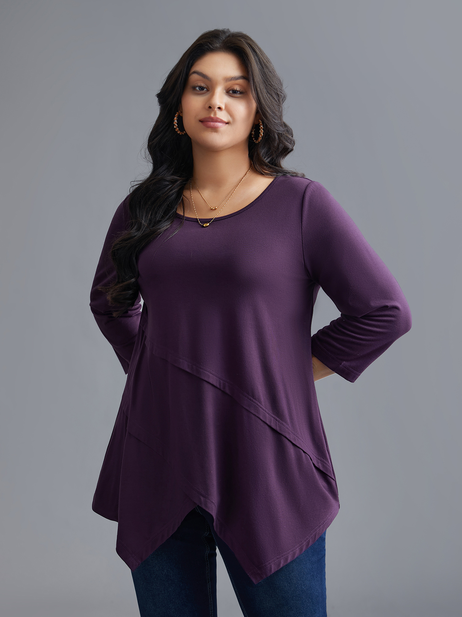 

Plus Size Asymmetrical Hem Overlap Long T-shirt Eggplant Women Elegant Tucked seam Round Neck Loose Everyday T-shirts BloomChic