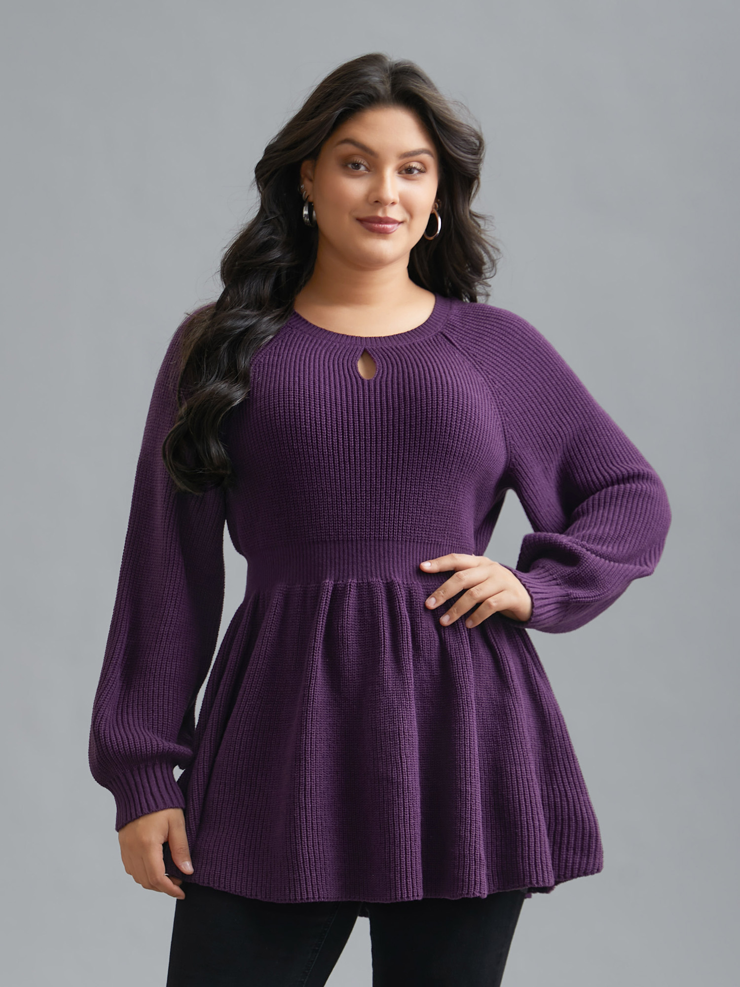 

Plus Size Plain Textured Keyhole Raglan Sleeve Pullover Deeppurple Women Elegant Bodycon Long Sleeve Round Neck Everyday Pullovers BloomChic