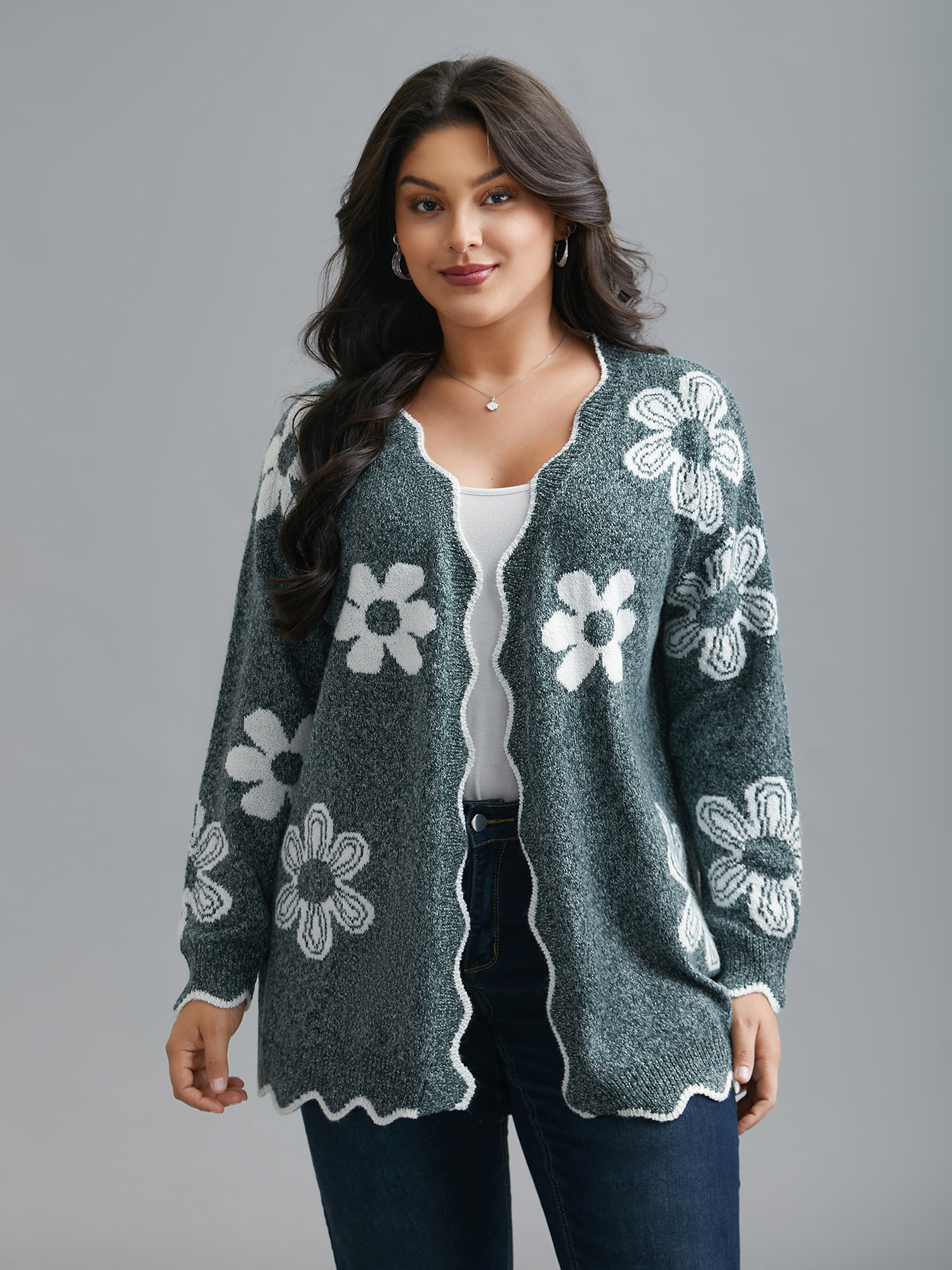 

Plus Size Floral Pattern Open-Front Knitted Cardigan DarkGreen Women Casual Loose Long Sleeve Everyday Cardigans BloomChic