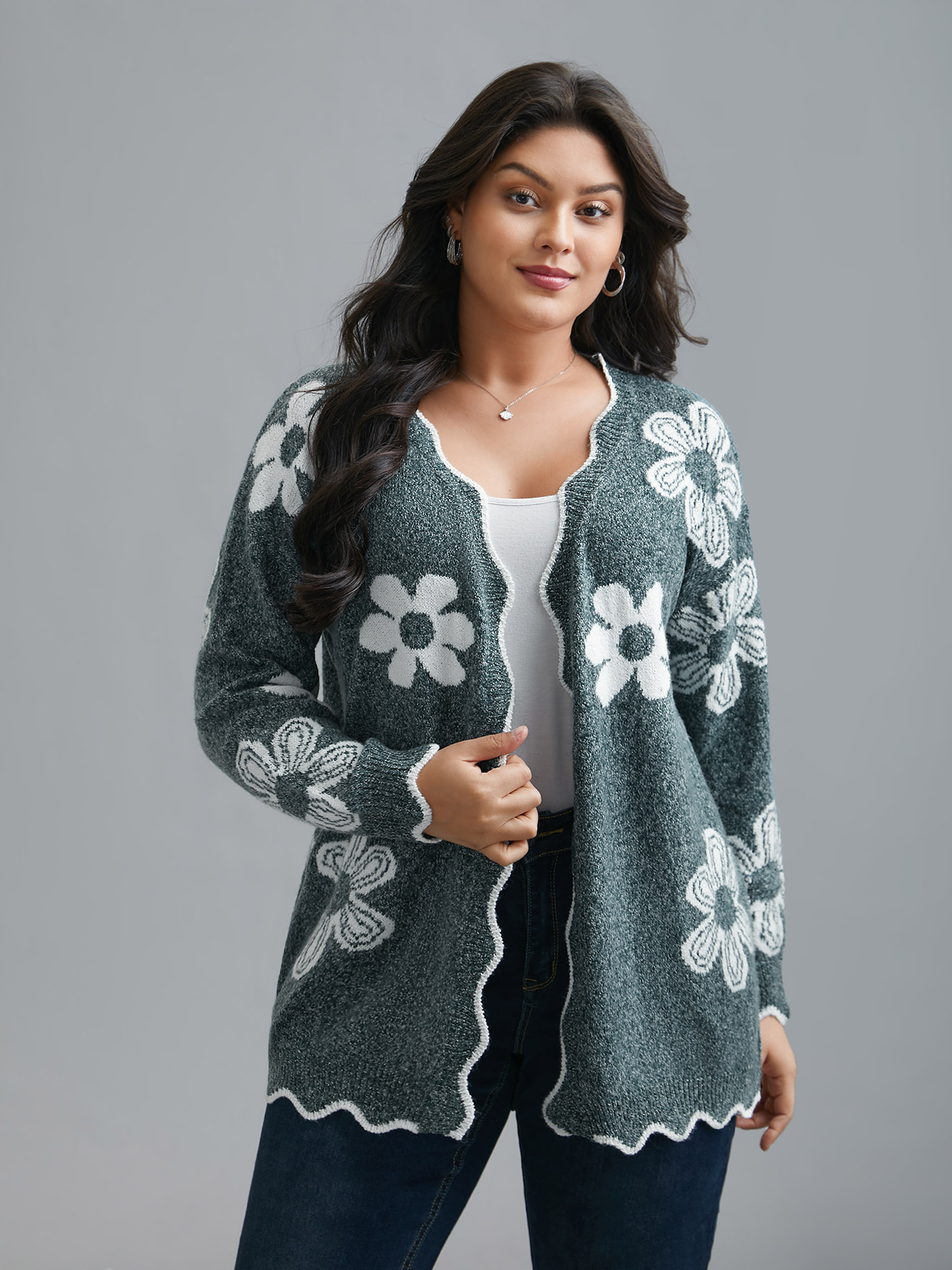 

Plus Size Floral Pattern Open-Front Knitted Cardigan DarkGreen Women Casual Loose Long Sleeve Everyday Cardigans BloomChic