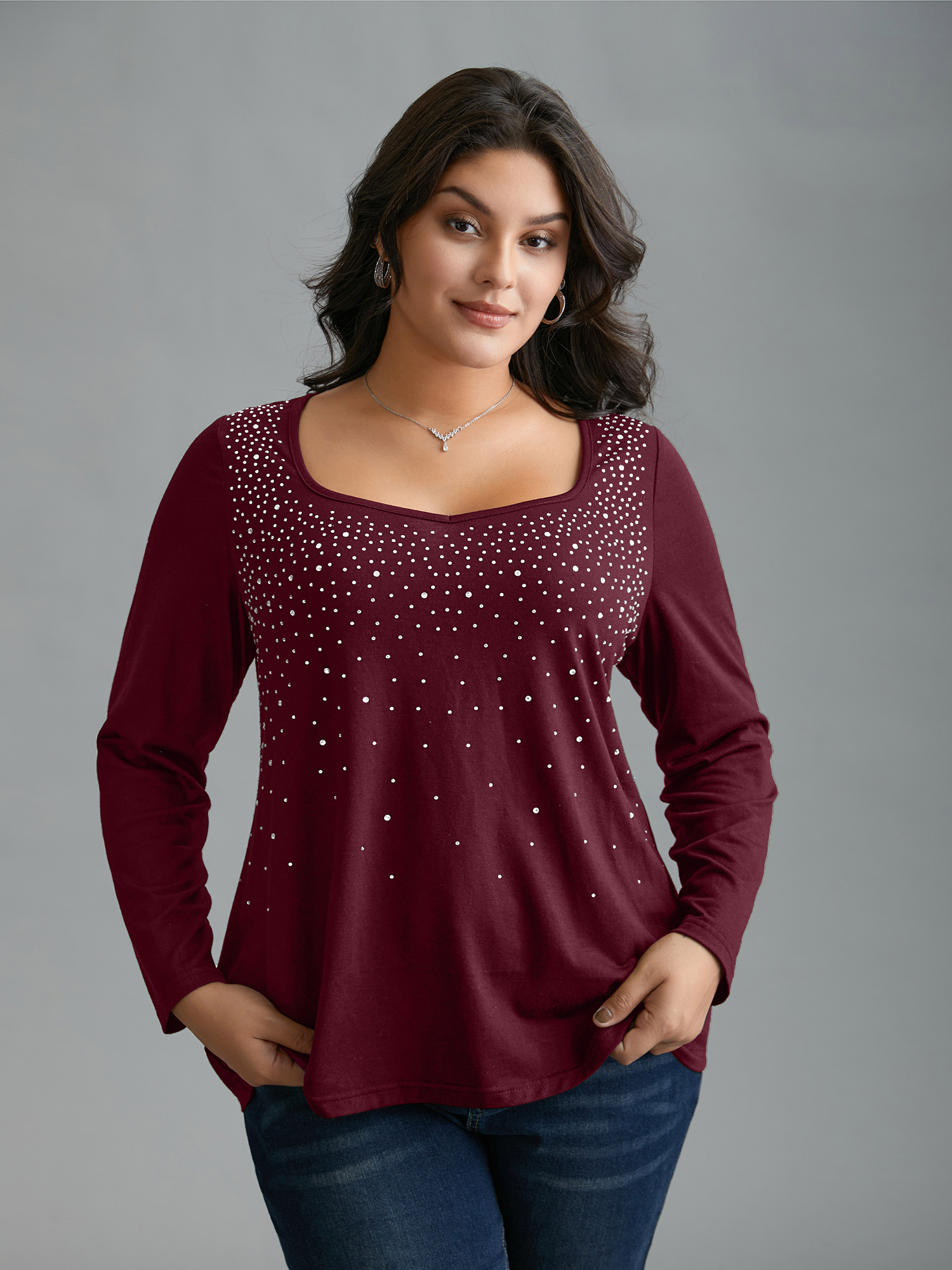 

Plus Size Sequin Stretchy Long Sleeve T-shirt Burgundy Women Elegant Rhinestone detailing Heart neckline Everyday T-shirts BloomChic