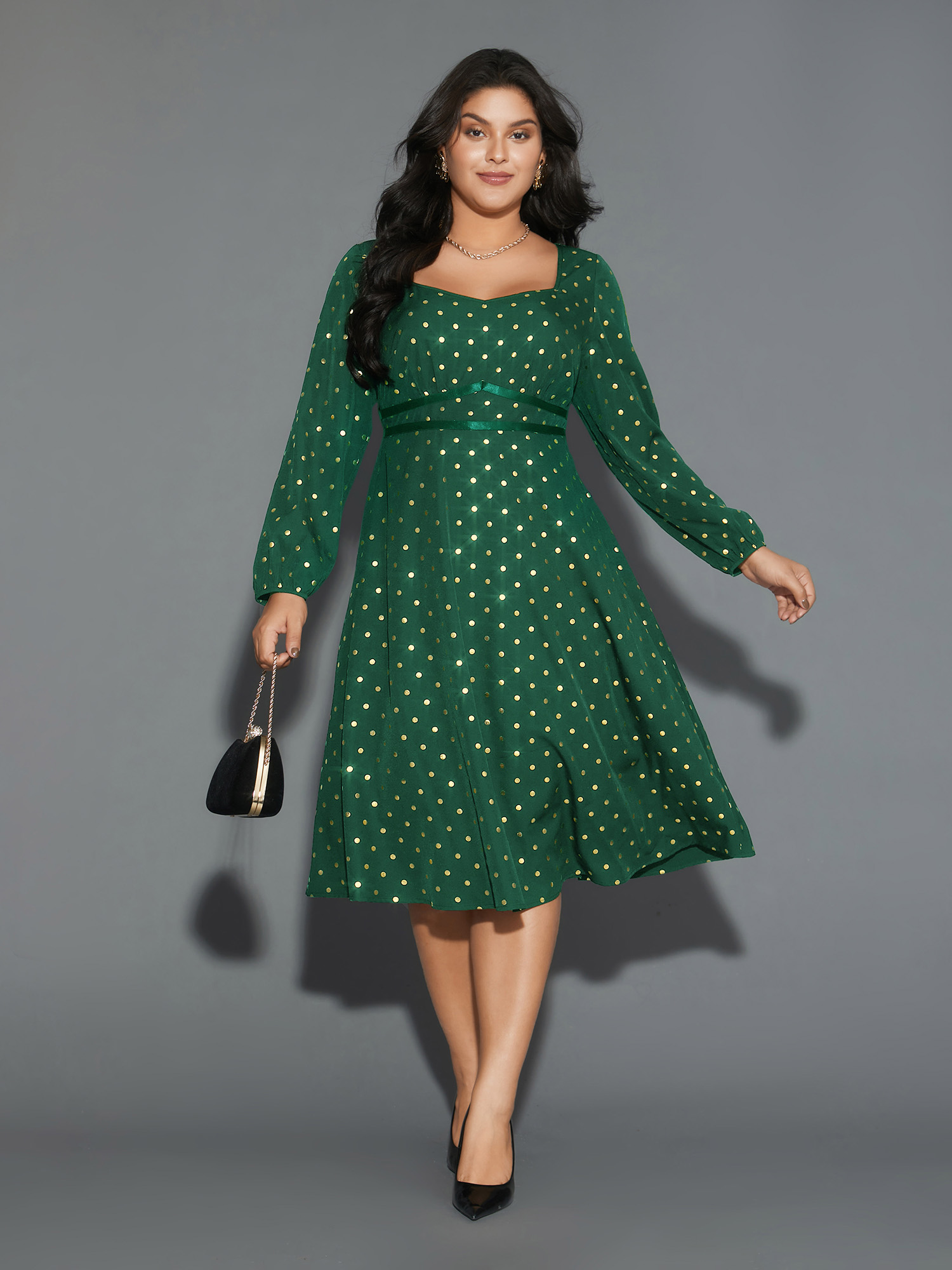 

Plus Size Glitter Polka Dot Heart Neckline Dress Emerald Women Cocktail Woven ribbon&lace trim Party Curvy Bloomchic