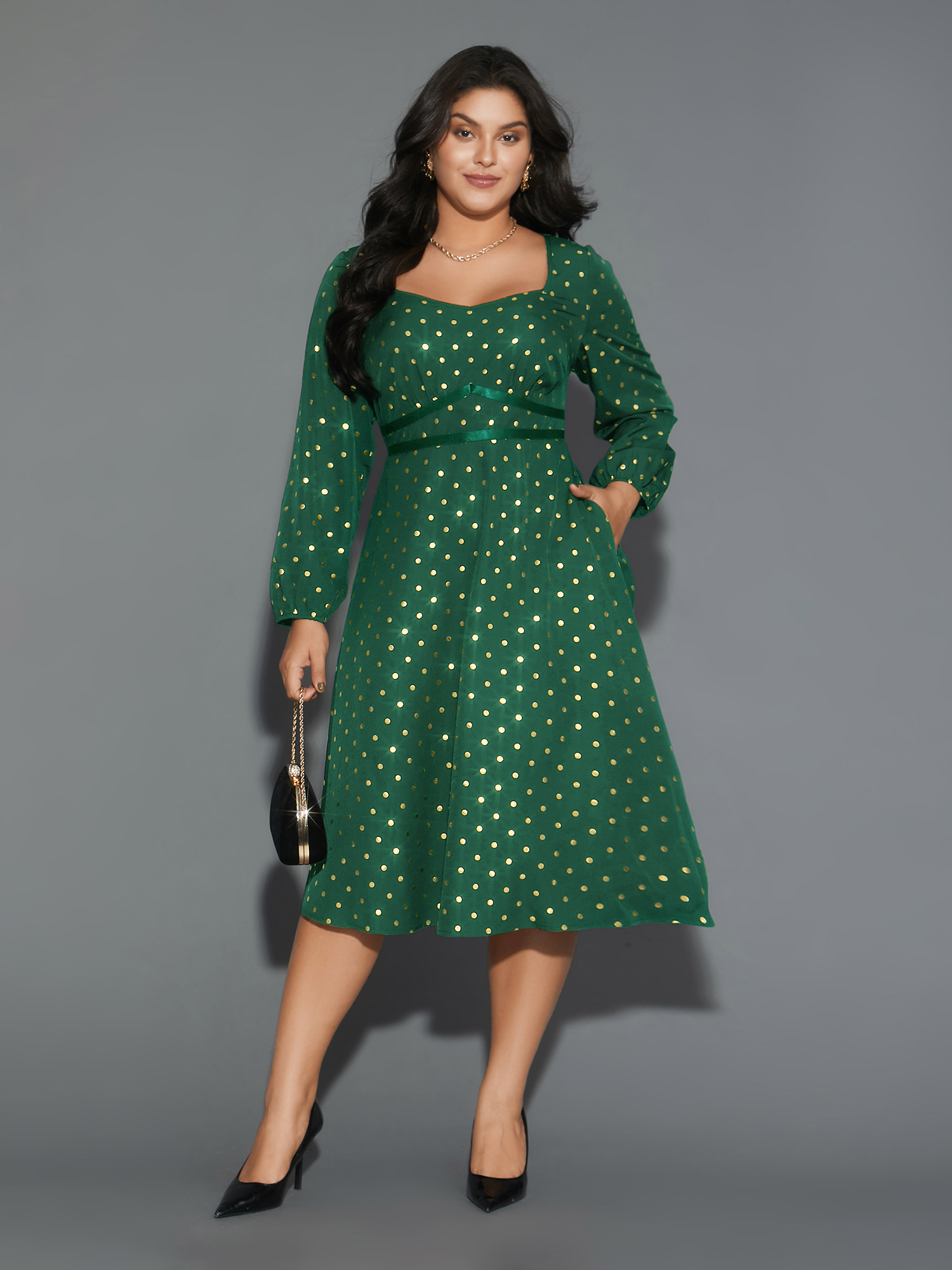 

Plus Size Glitter Polka Dot Heart Neckline Dress Emerald Women Cocktail Woven ribbon&lace trim Party Curvy Bloomchic