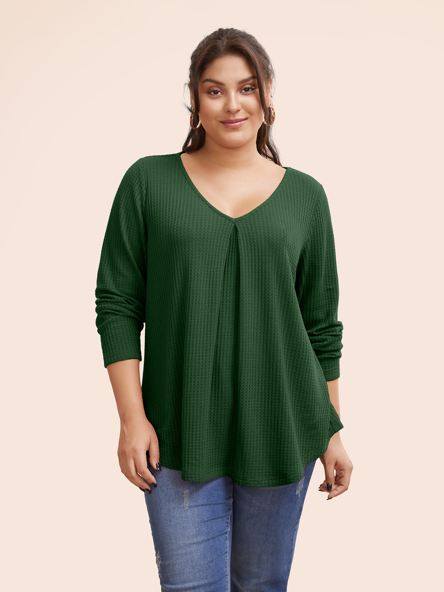 

Plus Size Plain Waffle Knit Scoop Neck Plicated Detail T-shirt DarkGreen Women Casual Non Plain V-neck Everyday T-shirts BloomChic