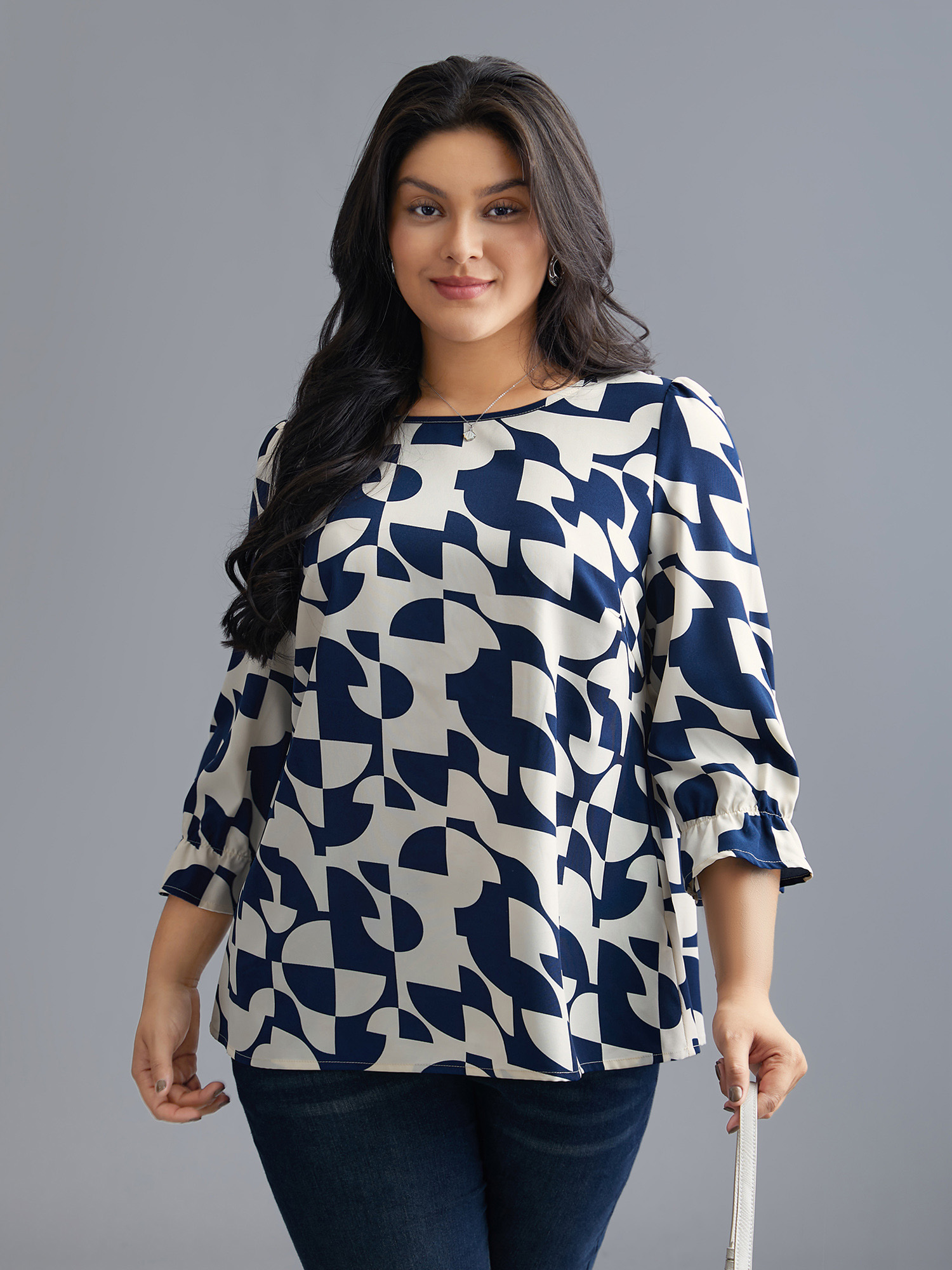 

Plus Size Indigo Round Neck Geometric Print Blouse Women At the Office Elbow-length sleeve Round Neck Work Blouses BloomChic