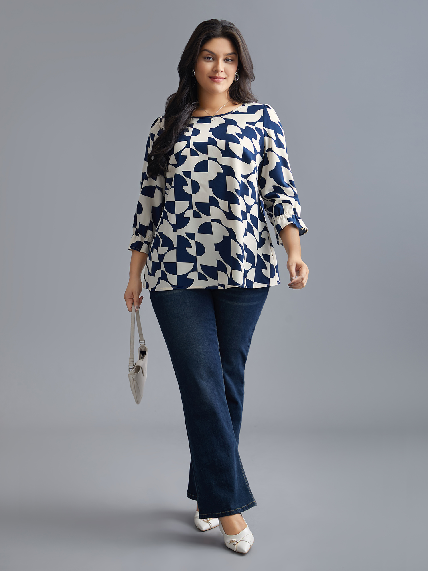 Plus Size Indigo Round Neck Geometric Print Blouse Women At the Office Elbow-length sleeve Round Neck Work Blouses BloomChic 22-24/3X 