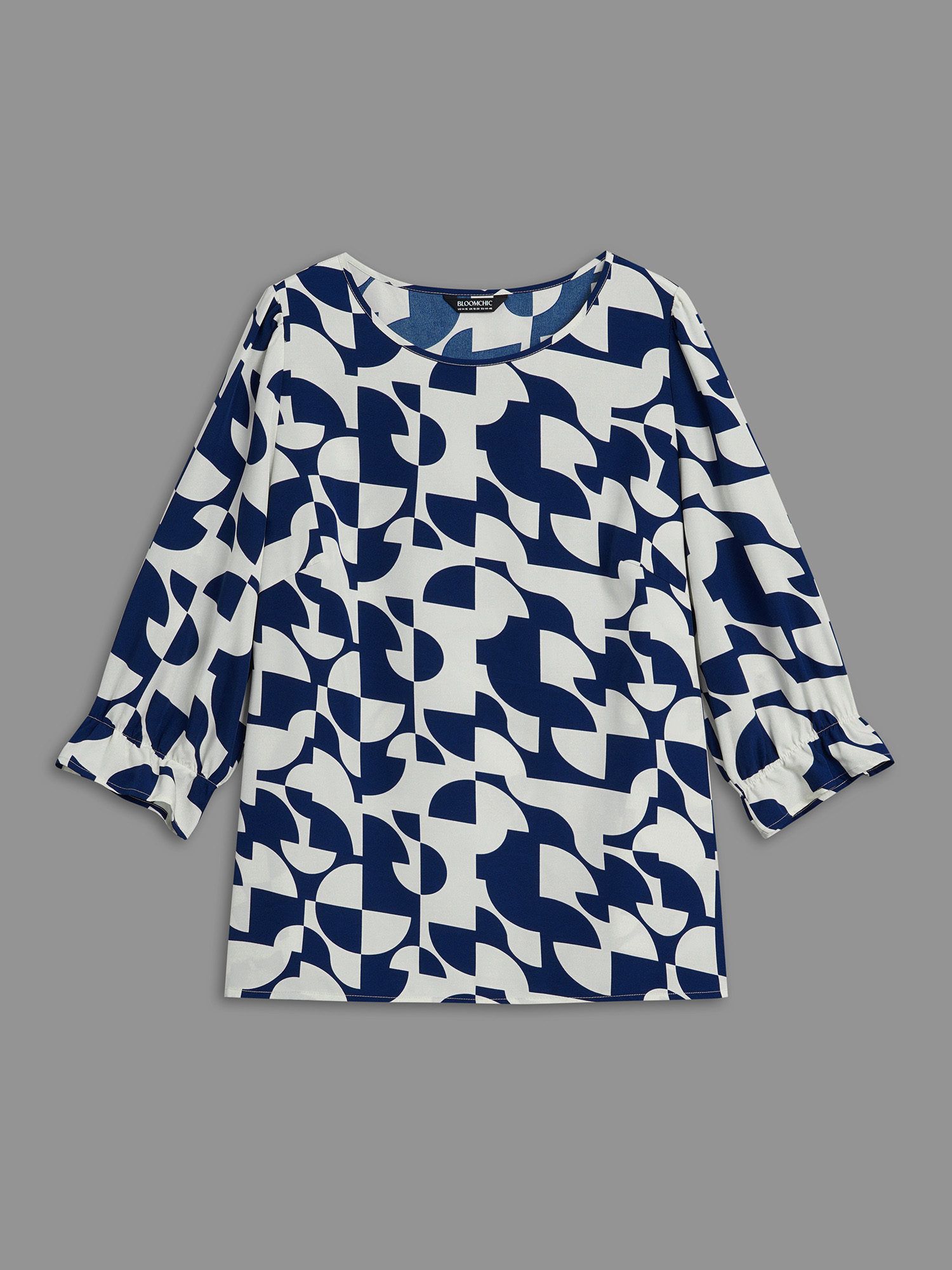 Plus Size Indigo Round Neck Geometric Print Blouse Women At the Office Elbow-length sleeve Round Neck Work Blouses BloomChic 22-24/3X 