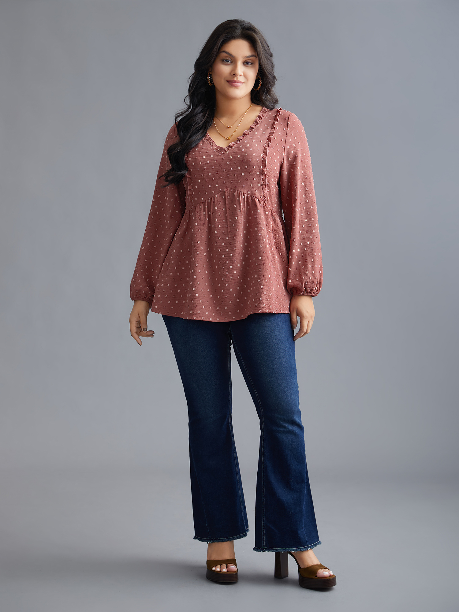 Plus Size Rouge V Neck Ruffle Trim Elastic Cuffs Blouse Women Elegant Long Sleeve V-neck Everyday Blouses BloomChic 28/5X 
