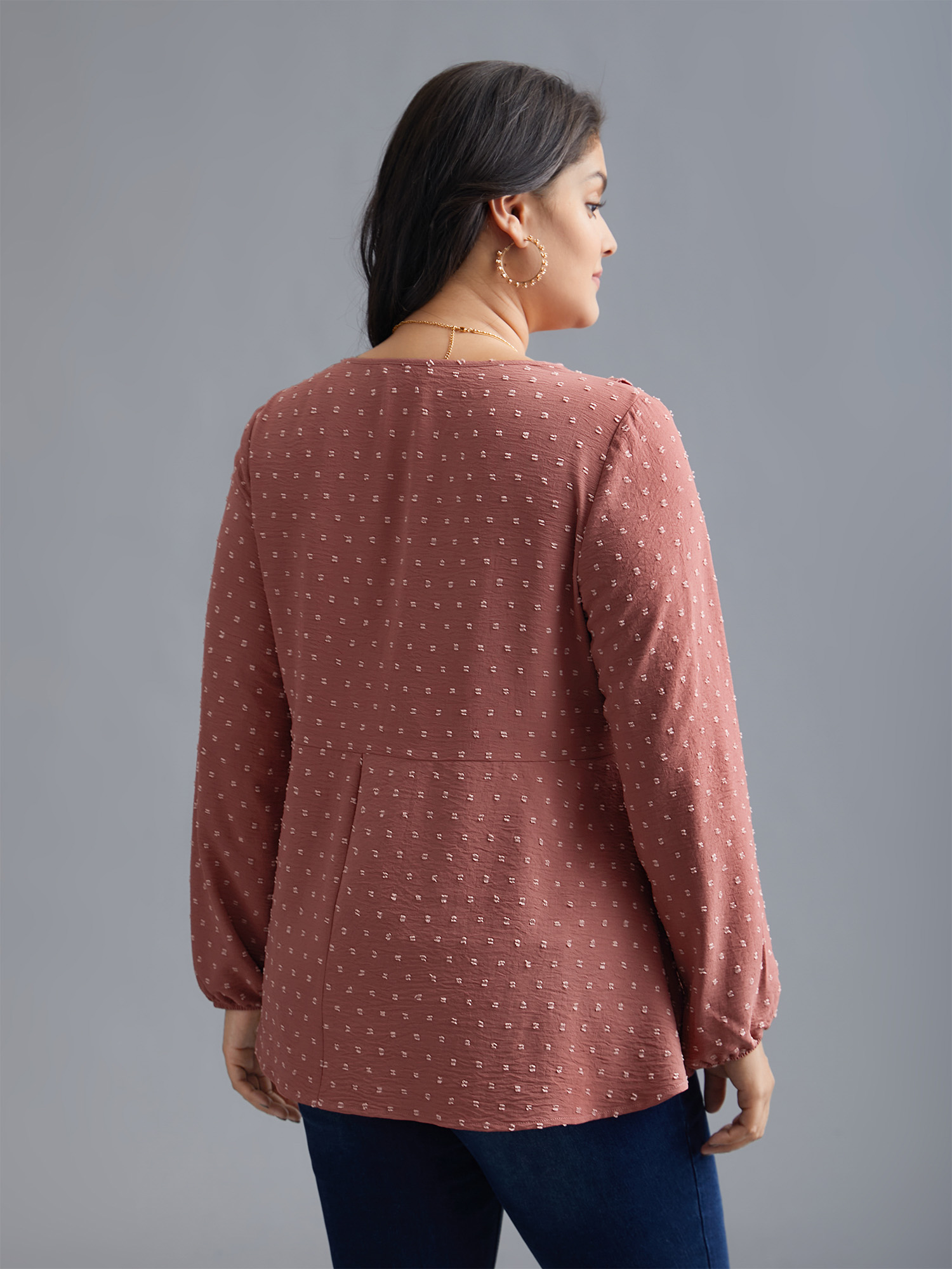 Plus Size Rouge V Neck Ruffle Trim Elastic Cuffs Blouse Women Elegant Long Sleeve V-neck Everyday Blouses BloomChic 28/5X 