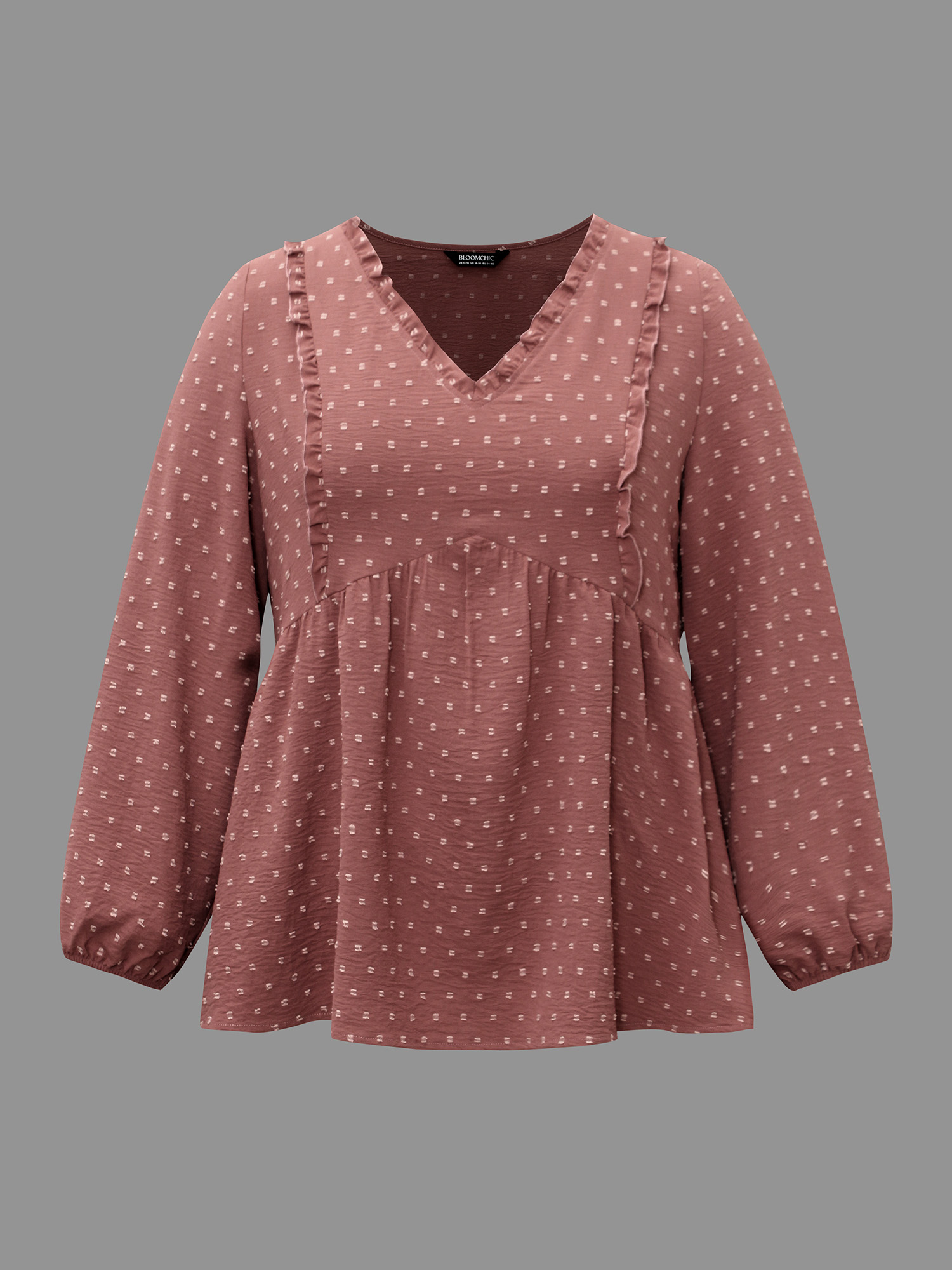 Plus Size Rouge V Neck Ruffle Trim Elastic Cuffs Blouse Women Elegant Long Sleeve V-neck Everyday Blouses BloomChic 28/5X 
