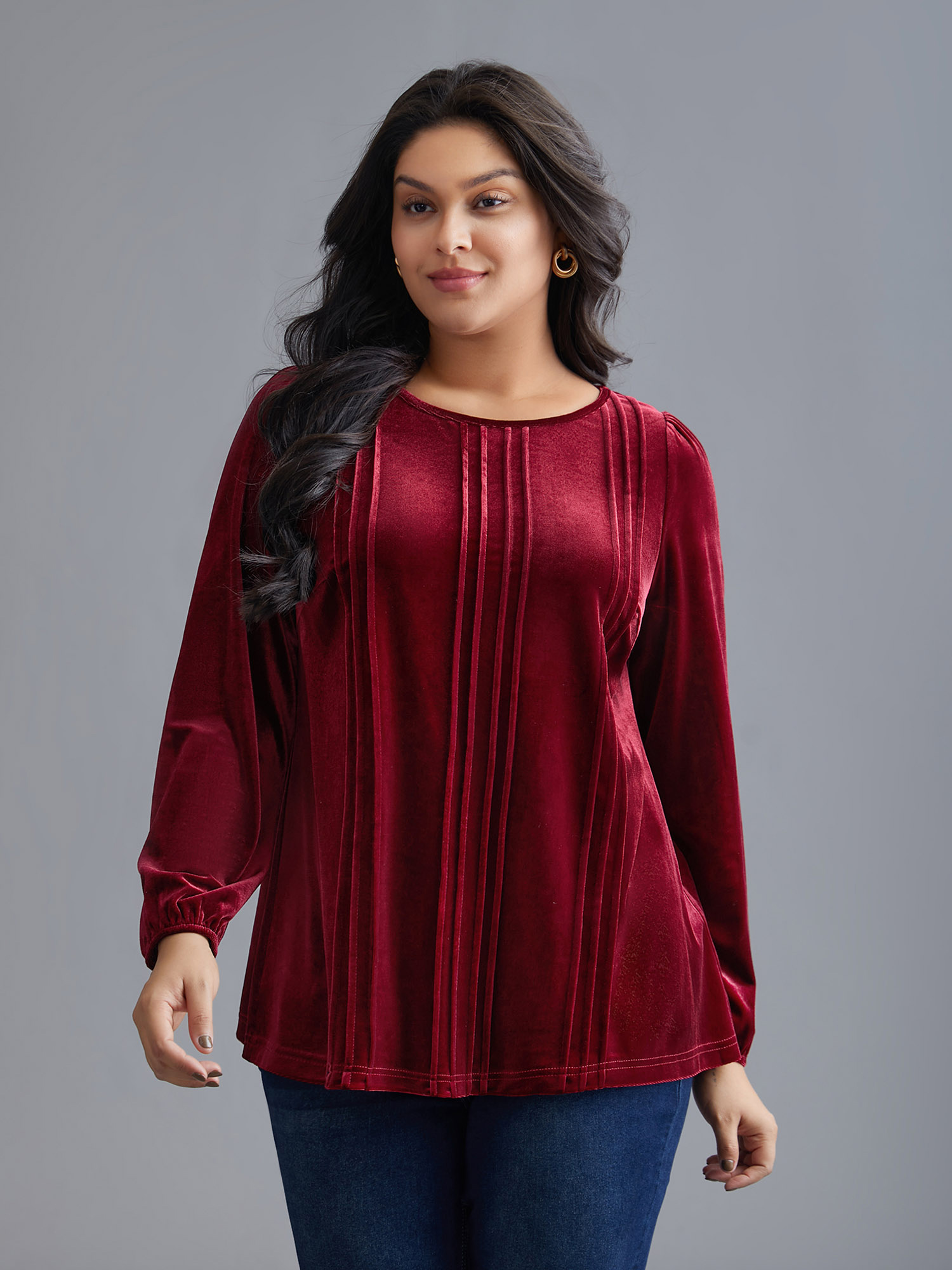 

Plus Size Scarlet Plain Round Neck Gathered Velvet Blouse Women Elegant Long Sleeve Round Neck Everyday Blouses BloomChic