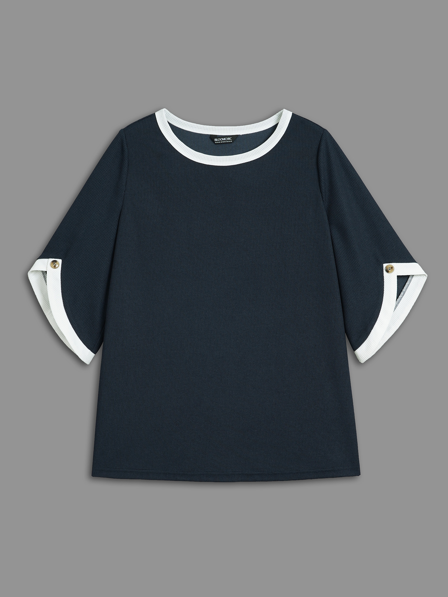 

Plus Size Color Contrast Waffle Knit Bell Sleeve T-Shirt Indigo Women Casual Texture Round Neck Everyday T-shirts BloomChic