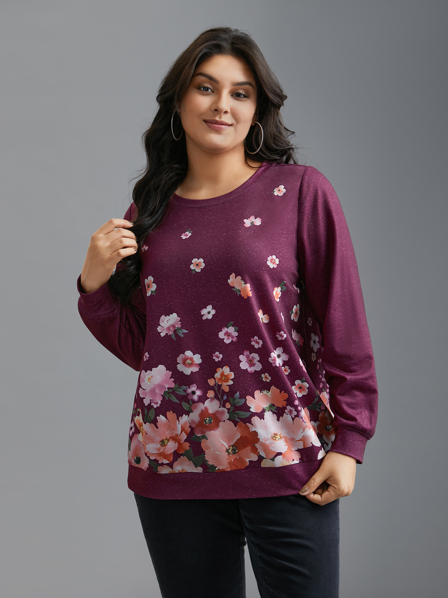 

Plus Size Floral Stretchy Puff Sleeve Sweatshirt Women Deeppurplered Casual Non Round Neck Everyday Sweatshirts BloomChic