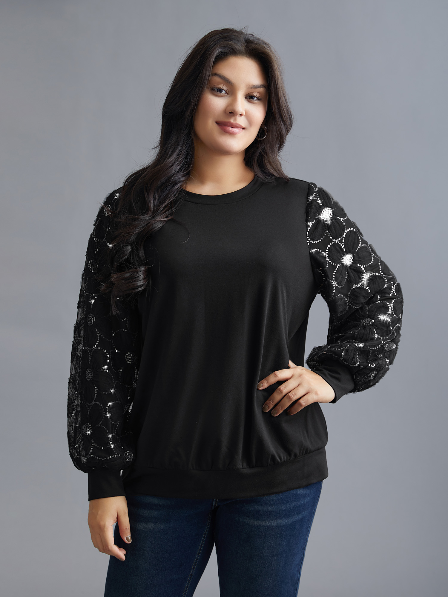 

Plus Size Floral Sequin Mesh Patchwork Sweatshirt Women Black Elegant Patchwork Round Neck Everyday Sweatshirts BloomChic