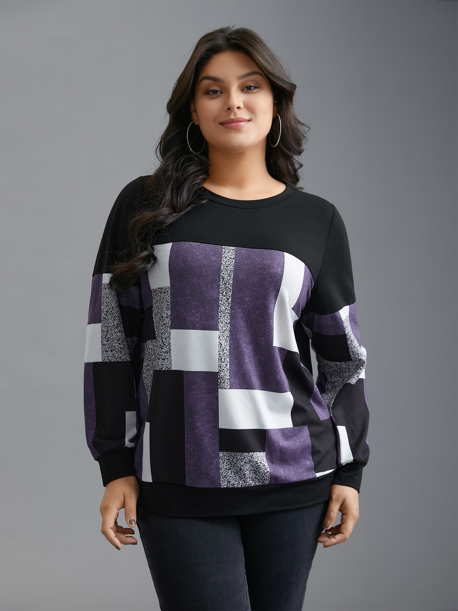 

Plus Size Crew Neck Geometric Patchwork Sweatshirt Women Deeppurple Casual Contrast Loose Round Neck Everyday Sweatshirts BloomChic