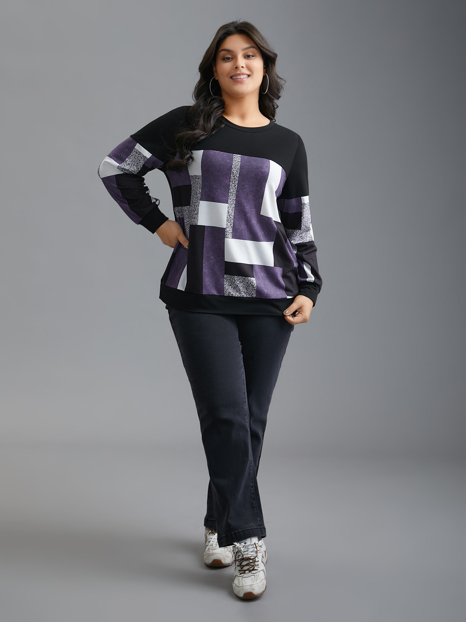 Plus Size Crew Neck Geometric Patchwork Sweatshirt Women Deeppurple Casual Contrast Loose Round Neck Everyday Sweatshirts BloomChic 10/M 