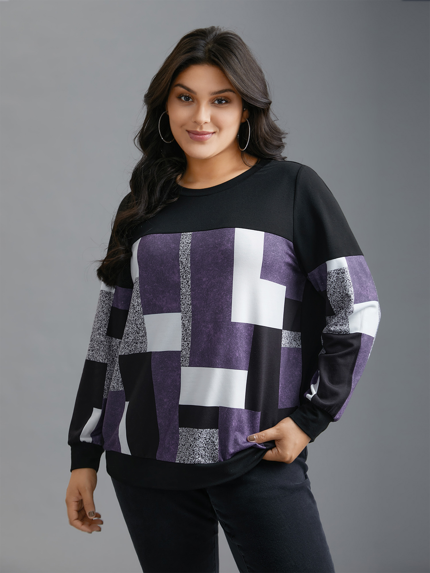 Plus Size Crew Neck Geometric Patchwork Sweatshirt Women Deeppurple Casual Contrast Loose Round Neck Everyday Sweatshirts BloomChic 10/M 