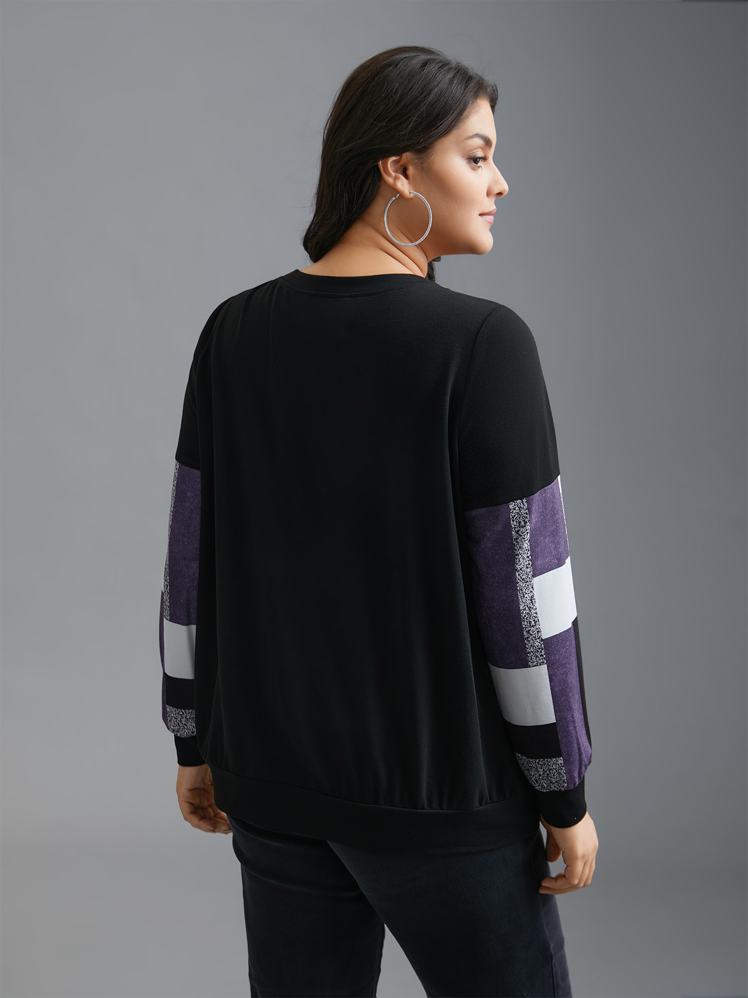 Plus Size Crew Neck Geometric Patchwork Sweatshirt Women Deeppurple Casual Contrast Loose Round Neck Everyday Sweatshirts BloomChic 10/M 