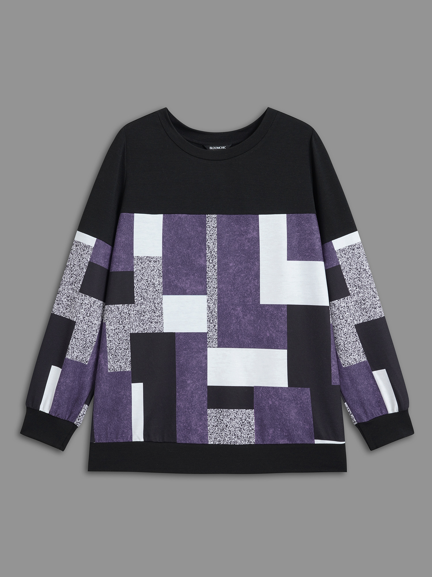 Plus Size Crew Neck Geometric Patchwork Sweatshirt Women Deeppurple Casual Contrast Loose Round Neck Everyday Sweatshirts BloomChic 10/M 