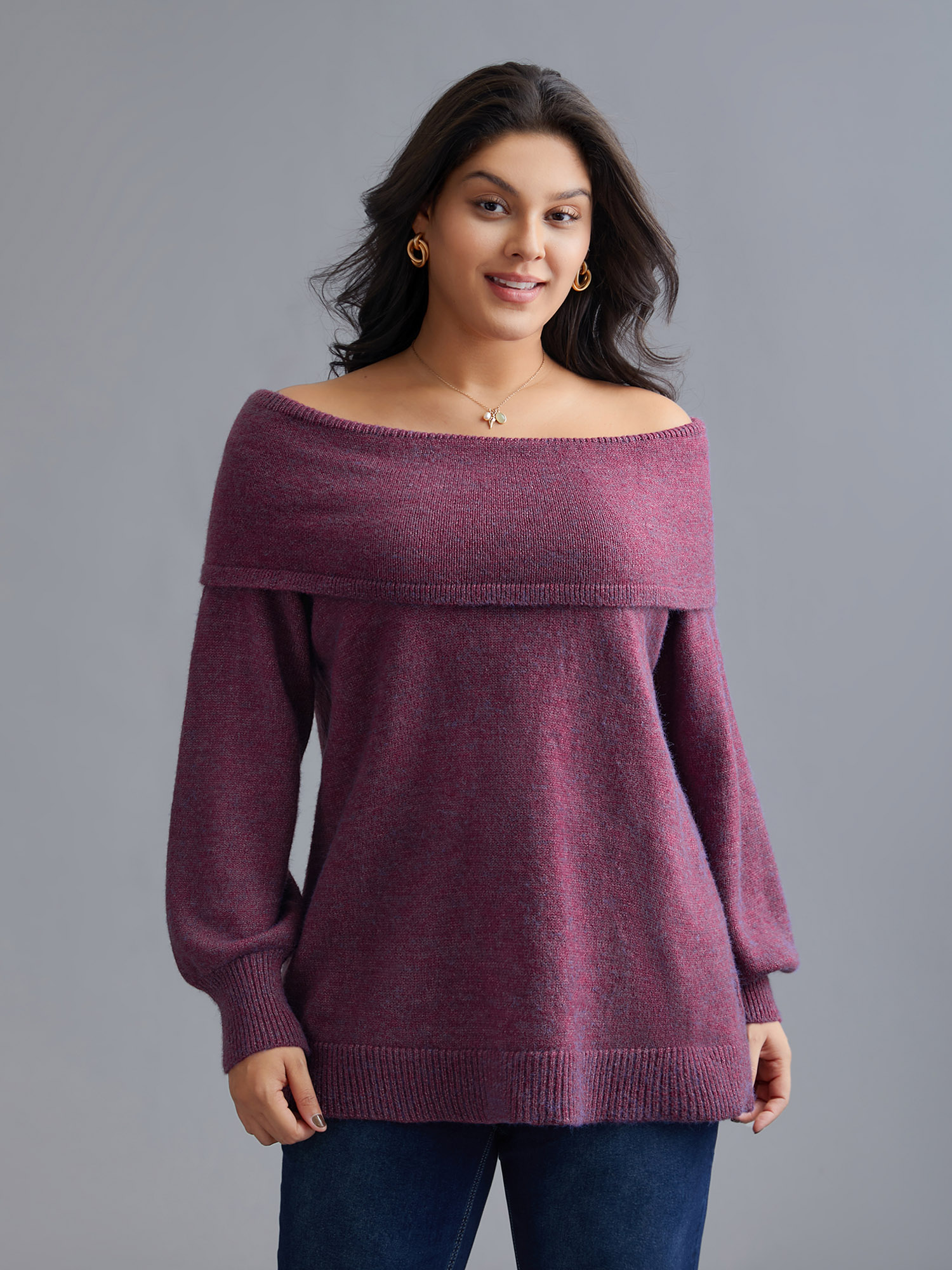 

Plus Size Off-Shoulder Textured Long Sleeve Pullover RedViolet Women Elegant Loose Long Sleeve Turtleneck Everyday Pullovers BloomChic