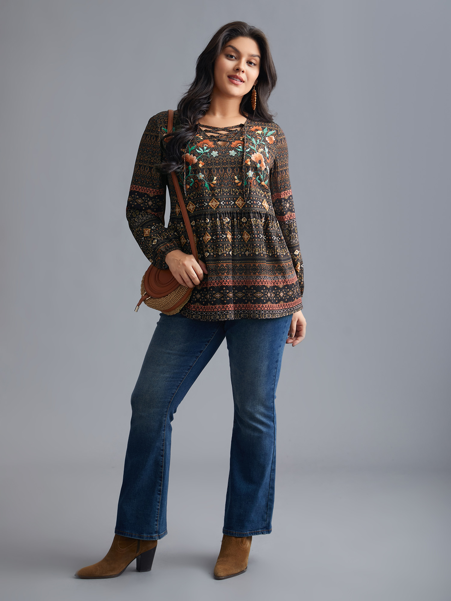 Plus Size DarkBrown Floral Bandana Crisscross Blouse Women Resort Extra Long Sleeve V-neck Vacation Blouses BloomChic 26/4X 
