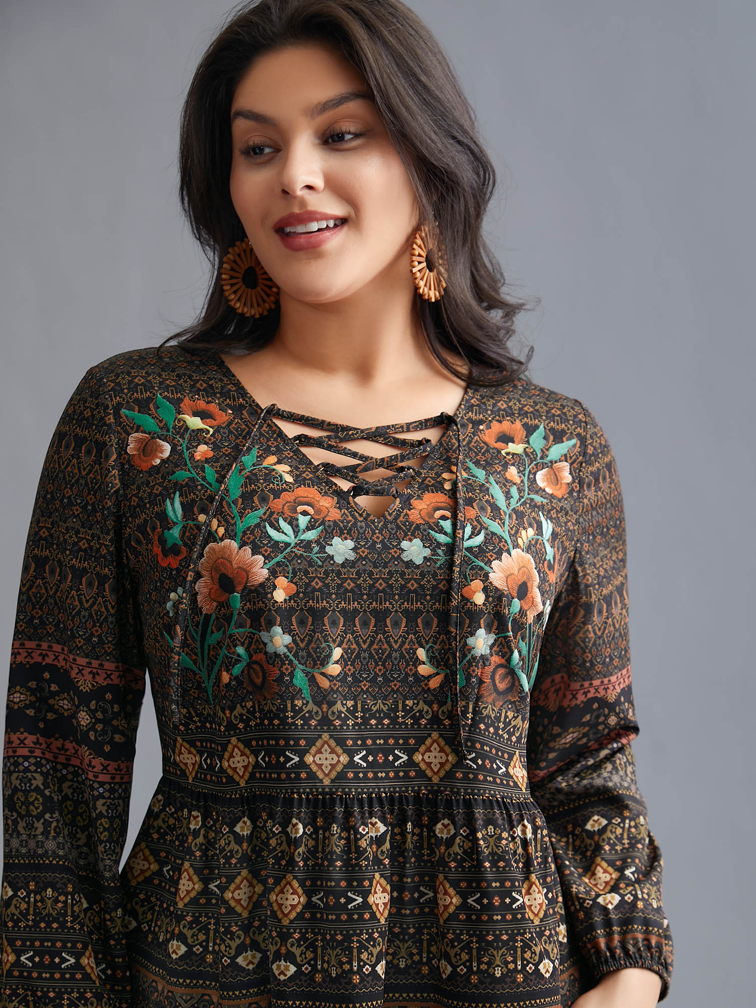 

Plus Size DarkBrown Floral Bandana Crisscross Blouse Women Resort Extra Long Sleeve V-neck Vacation Blouses BloomChic