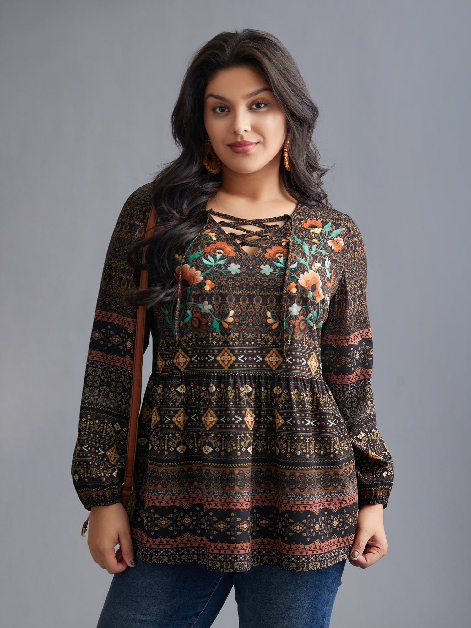 Plus Size DarkBrown Floral Bandana Crisscross Blouse Women Resort Extra Long Sleeve V-neck Vacation Blouses BloomChic 26/4X 