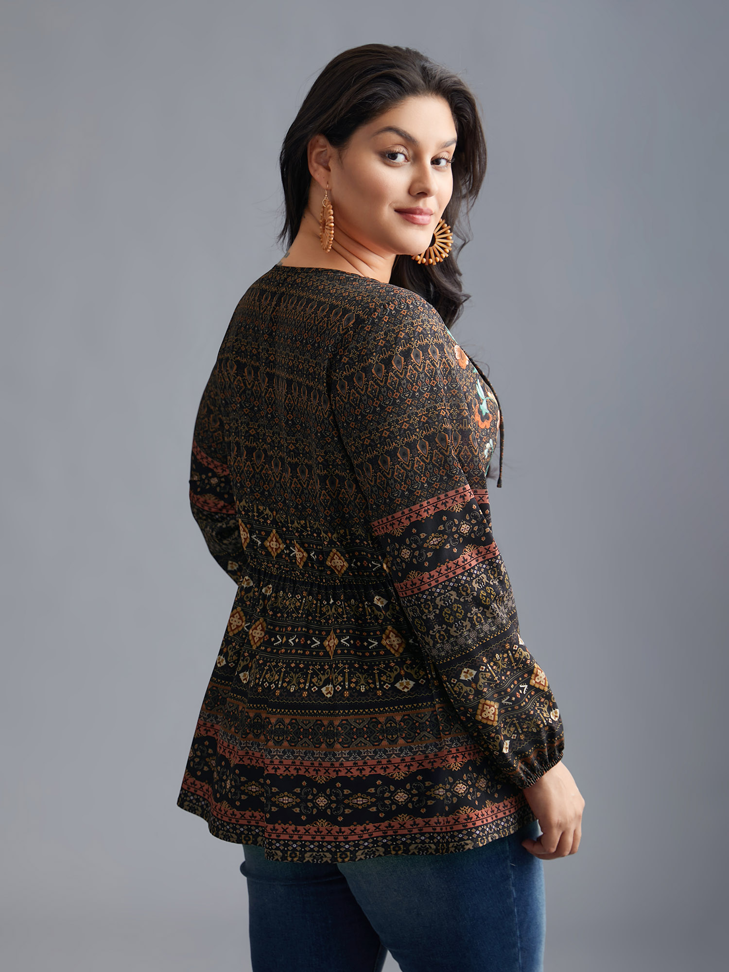 Plus Size DarkBrown Floral Bandana Crisscross Blouse Women Resort Extra Long Sleeve V-neck Vacation Blouses BloomChic 26/4X 