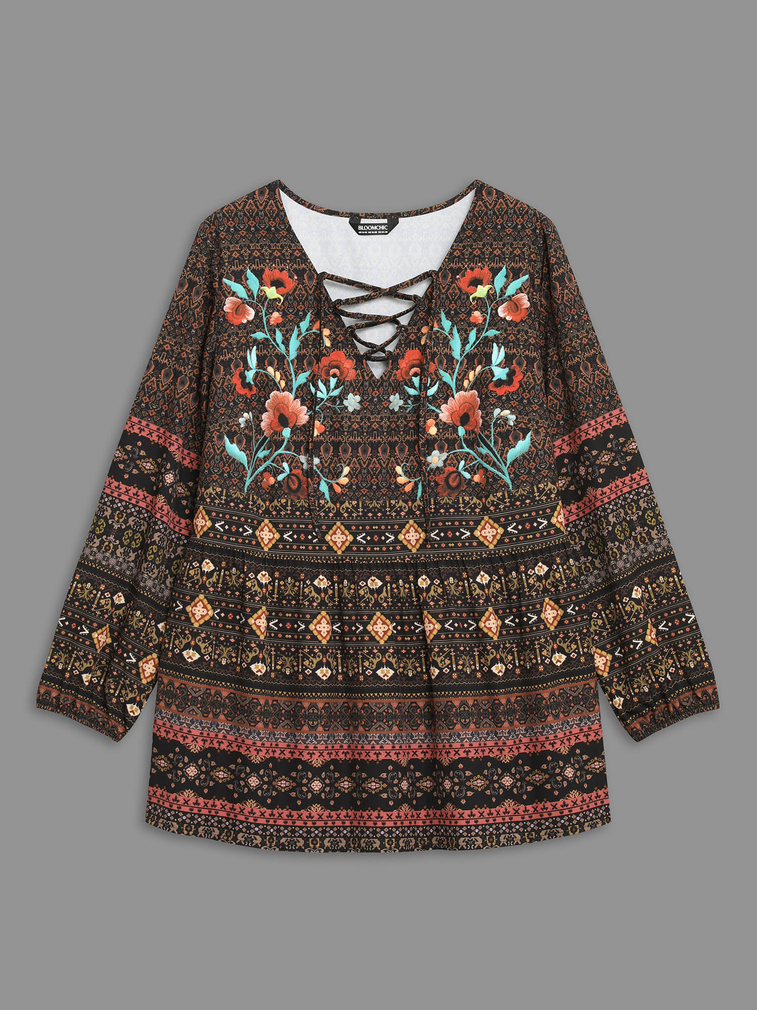 Plus Size DarkBrown Floral Bandana Crisscross Blouse Women Resort Extra Long Sleeve V-neck Vacation Blouses BloomChic 26/4X 