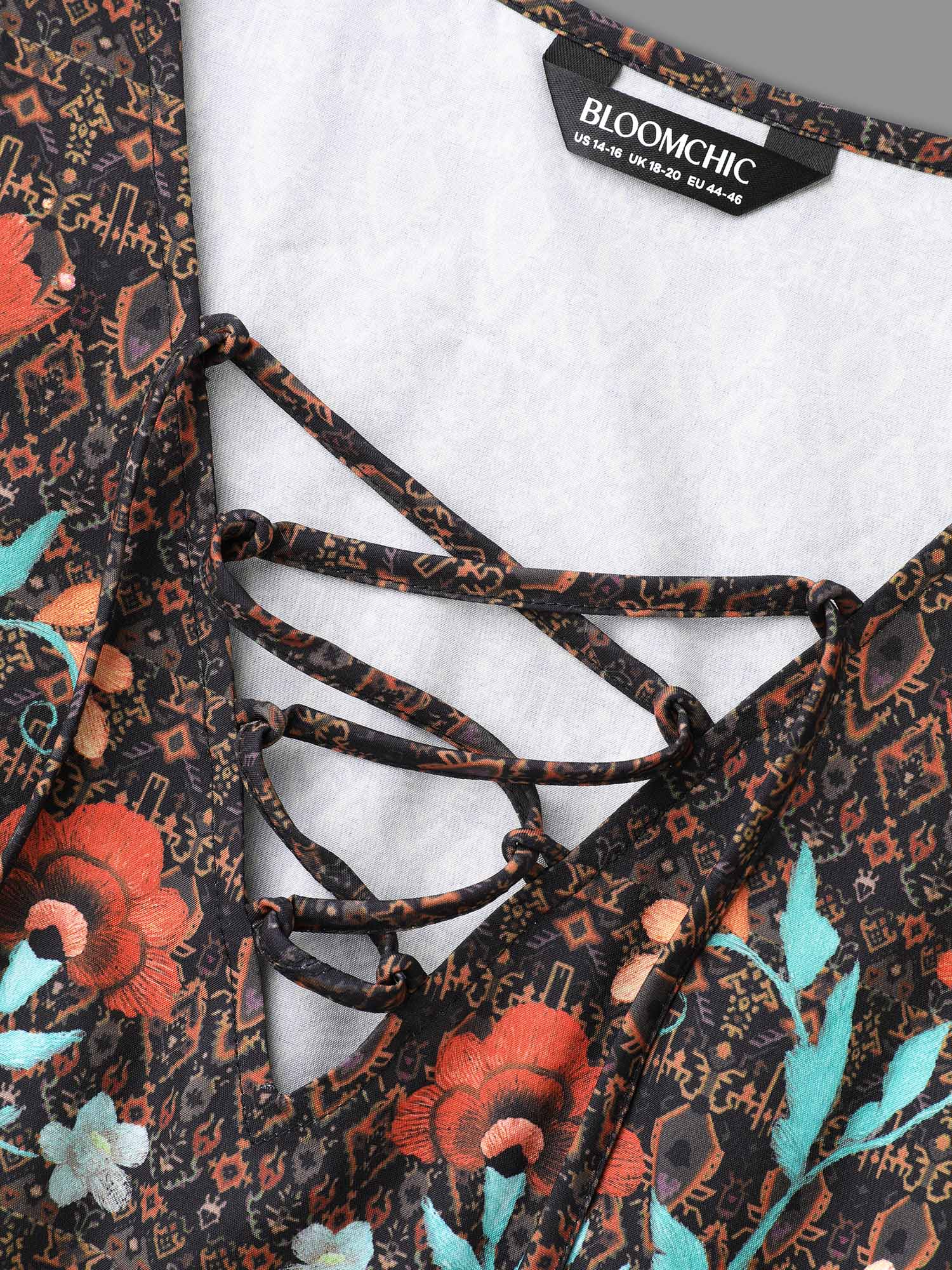 Plus Size DarkBrown Floral Bandana Crisscross Blouse Women Resort Extra Long Sleeve V-neck Vacation Blouses BloomChic 26/4X 