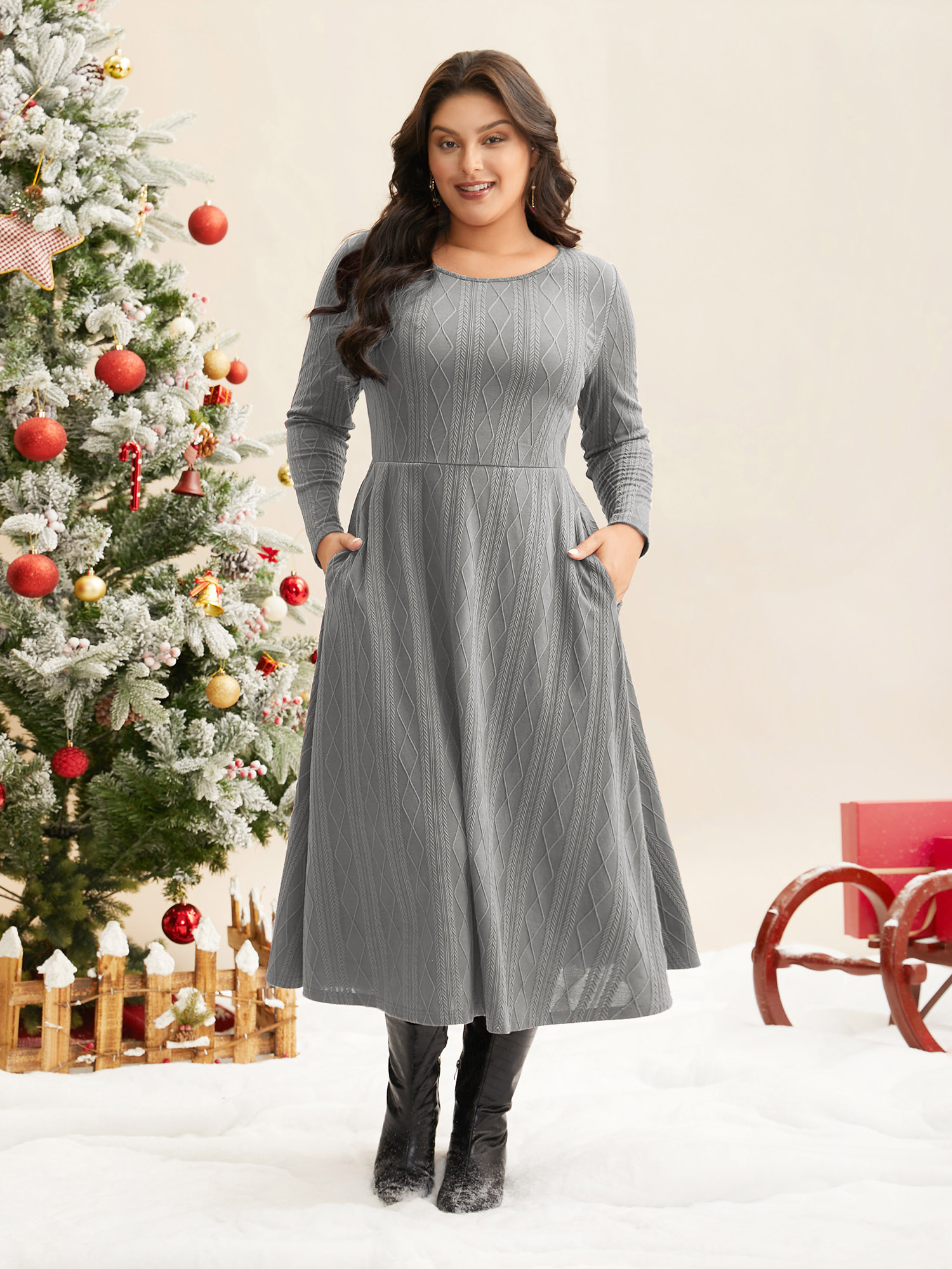 

Plus Size Textured Knit Fit-And-Flare Midi Dress Mediumgray Women Casual Texture Round Neck Long Sleeve Curvy BloomChic