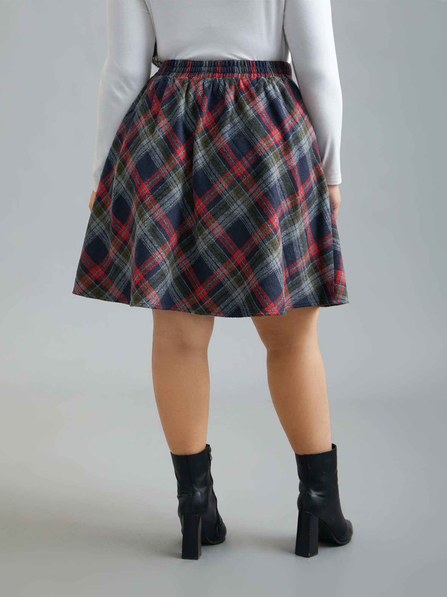 

Plus Size Plaid Pattern Elastic Waist A-line Mini Skirt Women Moss Elegant Low stretch Slanted pocket Everyday Skirts BloomChic