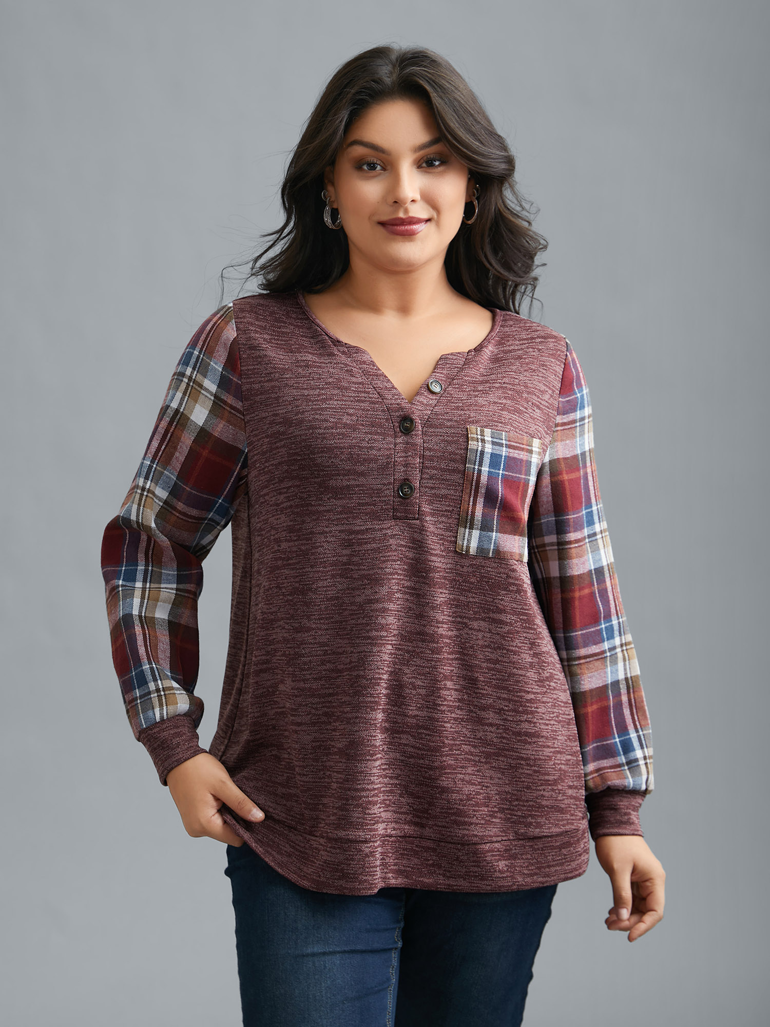 Plus Size Plaid Sleeve Button Up Patchwork Sweatshirt Women Burgundy Casual Contrast Notched collar Everyday Sweatshirts BloomChic 12/L 