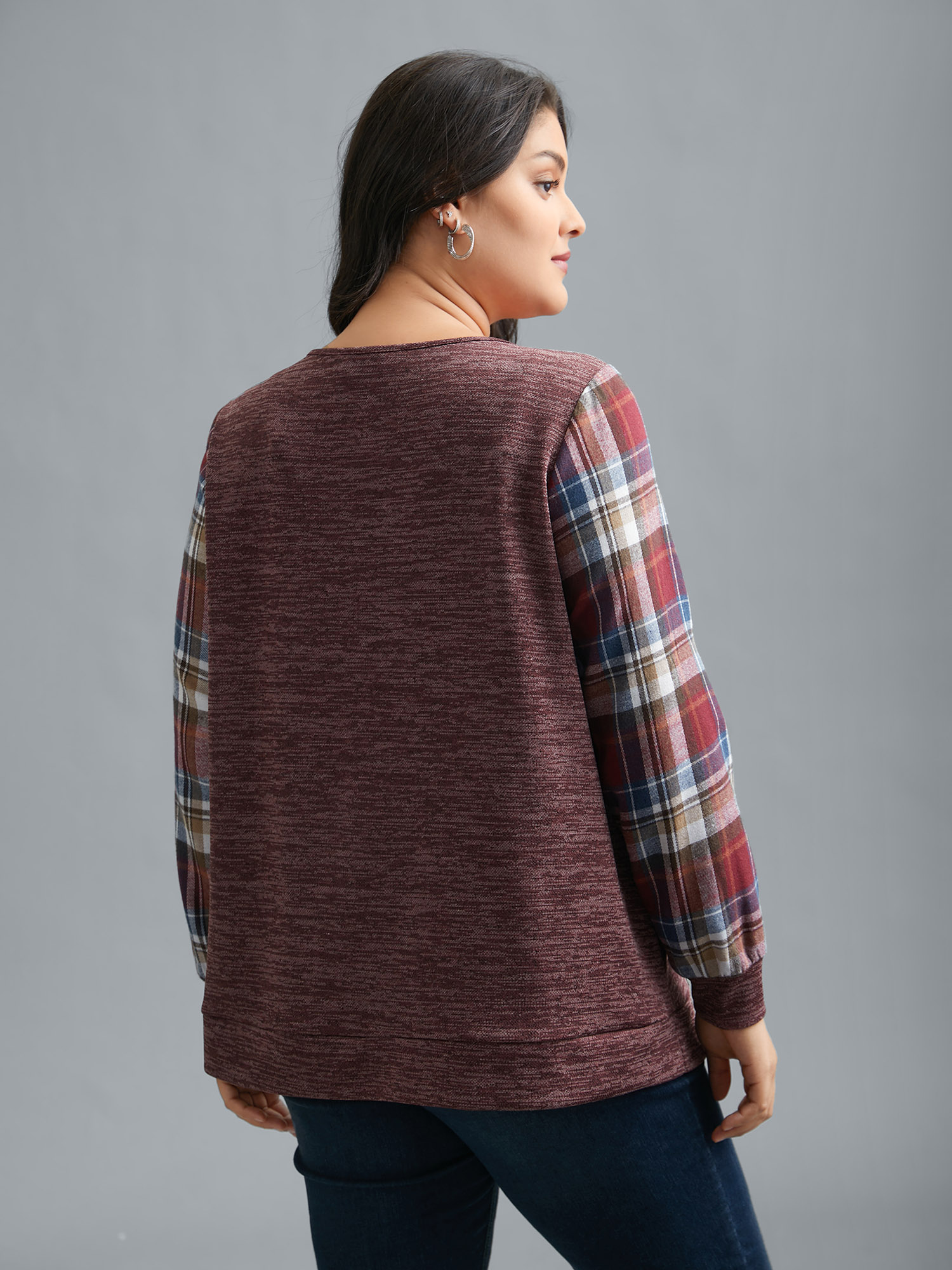 Plus Size Plaid Sleeve Button Up Patchwork Sweatshirt Women Burgundy Casual Contrast Notched collar Everyday Sweatshirts BloomChic 12/L 