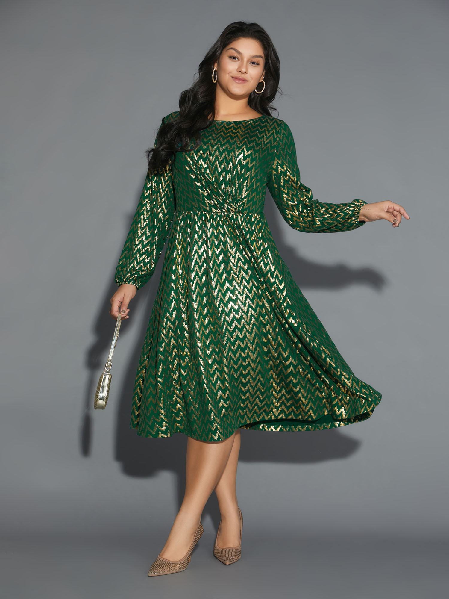 

Plus Size Crew Neck Glitter Geometric Gathered Dress Emerald Women Cocktail Texture Round Neck Long Sleeve Curvy BloomChic