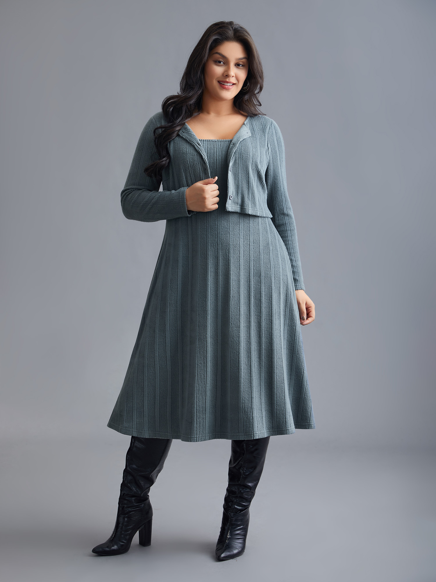 

Plus Size Plain 2-In-1 Knit Layered Dress Stone Women Casual Texture Knit Dresses Bloomchic