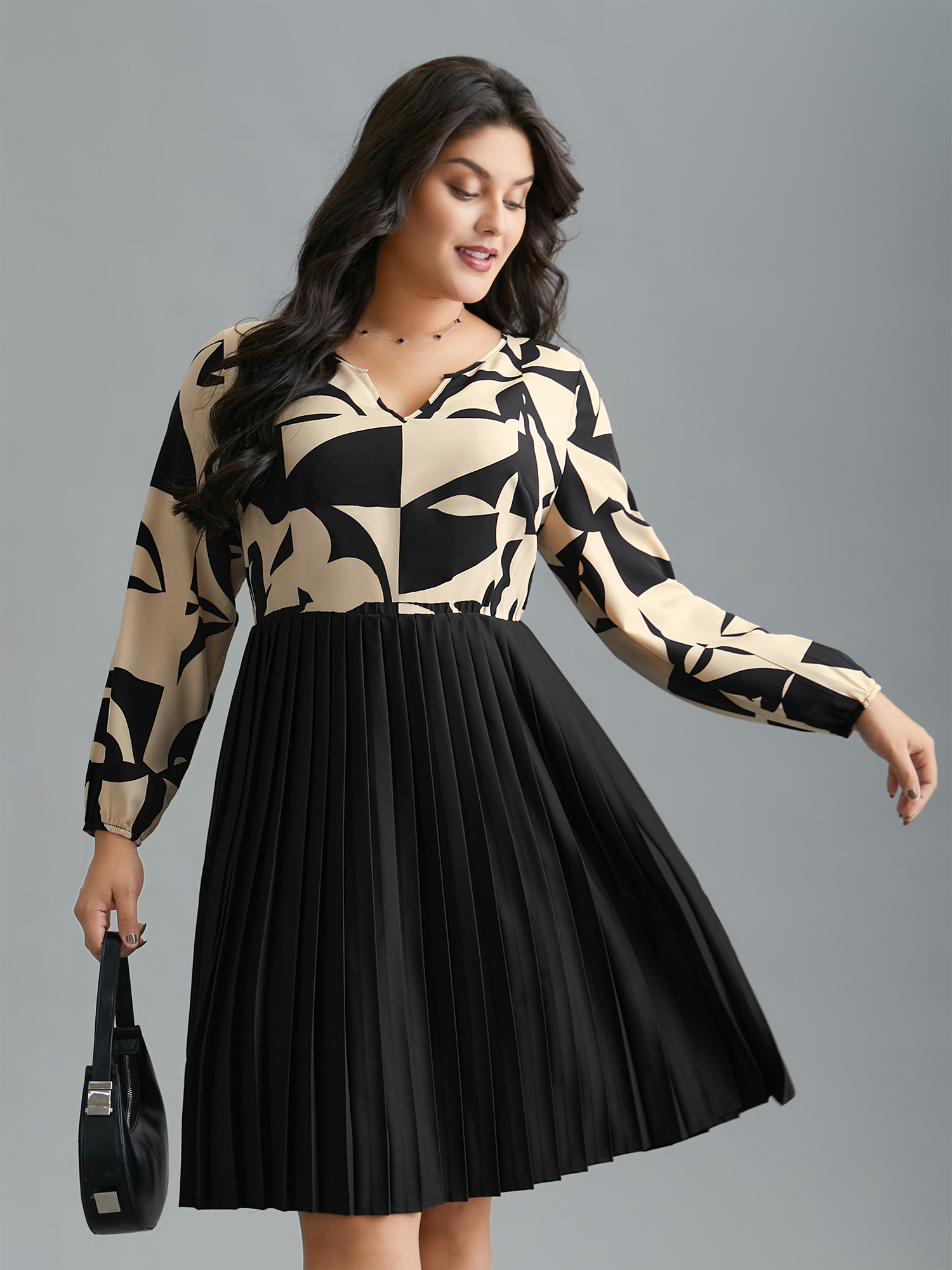 

Plus Size Notched Geometric Print Pleated Dress Black Women At the Office Pleated Flat collar with V-notch Long Sleeve Curvy BloomChic